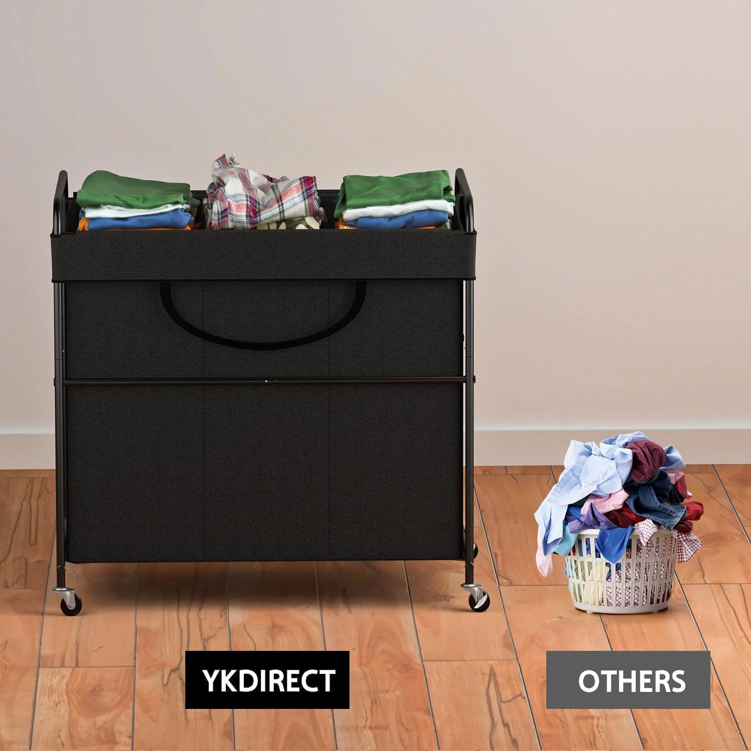 180L Large Laundry Hamper, 3 Compartment Laundry Basket with Lid, Removable Bag & Metal Structure with Industrial Wheels, Suitable for Bathroom, Dorm Room, Laundry Room (Black, 180L)