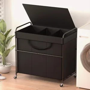 180L Large Laundry Hamper, 3 Compartment Laundry Basket with Lid, Removable Bag & Metal Structure with Industrial Wheels, Suitable for Bathroom, Dorm Room, Laundry Room (Black, 180L)