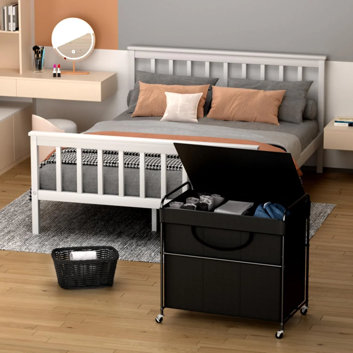 180L Large Laundry Hamper, 3 Compartment Laundry Basket with Lid, Removable Bag & Metal Structure with Industrial Wheels, Suitable for Bathroom, Dorm Room, Laundry Room (Black, 180L)