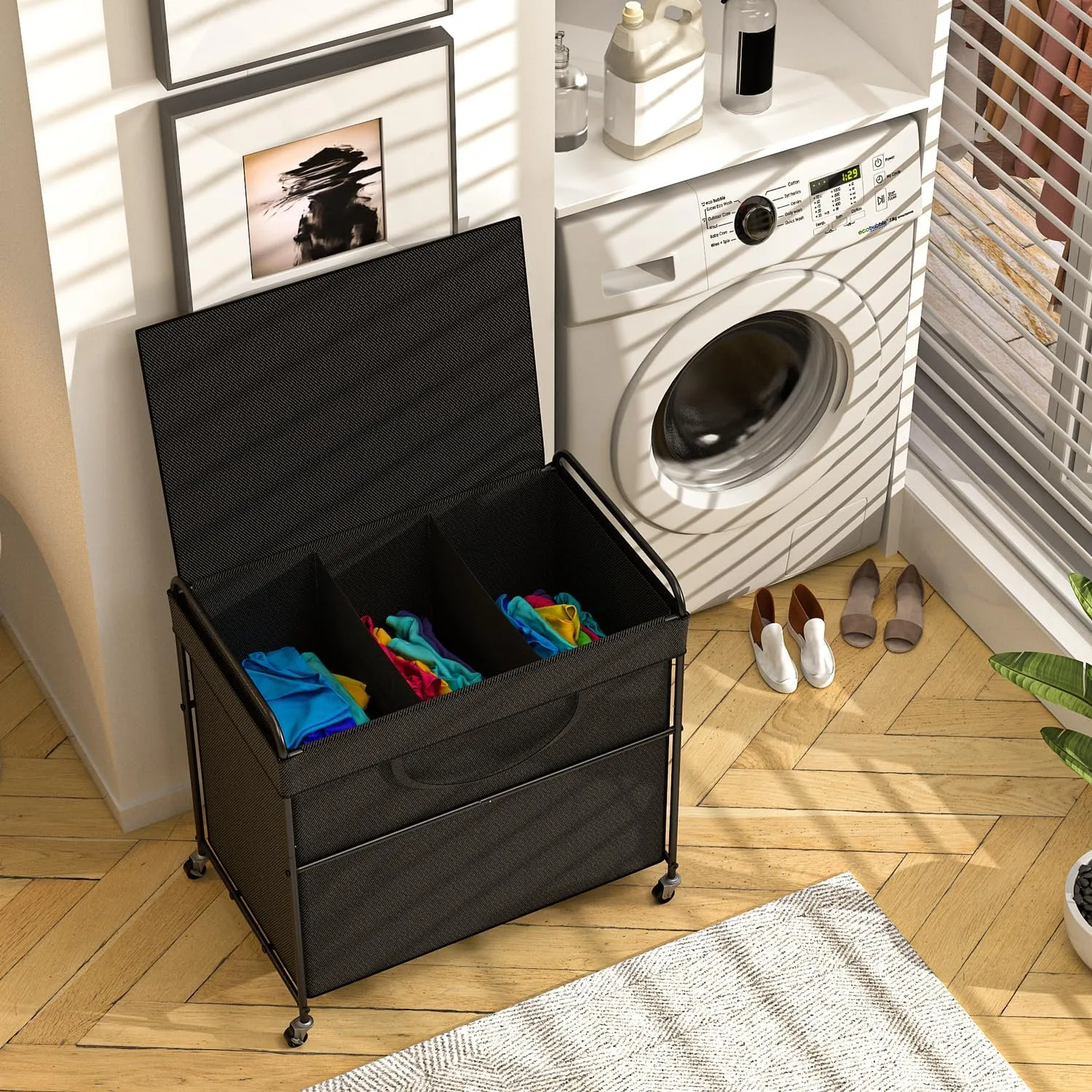 180L Large Laundry Hamper, 3 Compartment Laundry Basket with Lid, Removable Bag & Metal Structure with Industrial Wheels, Suitable for Bathroom, Dorm Room, Laundry Room (Black, 180L)