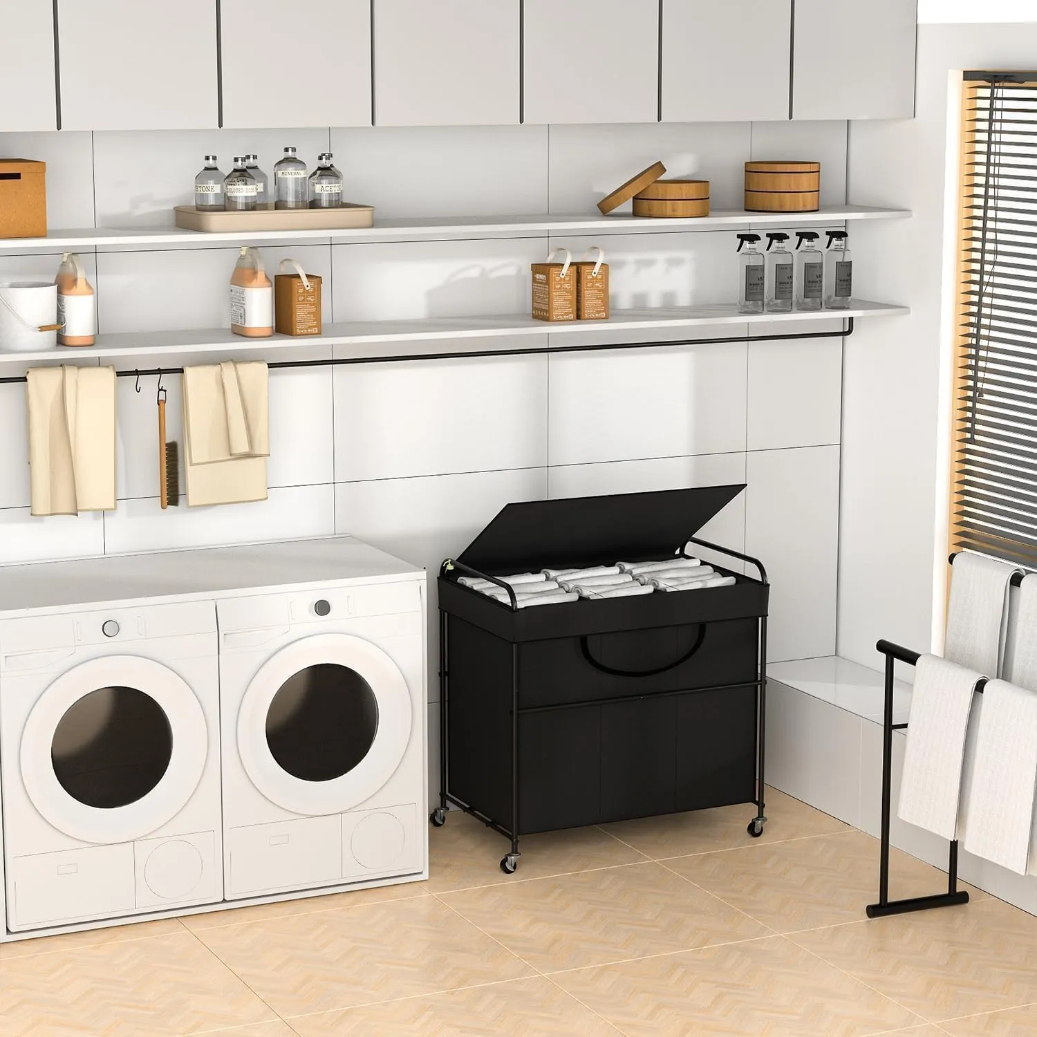 180L Large Laundry Hamper, 3 Compartment Laundry Basket with Lid, Removable Bag & Metal Structure with Industrial Wheels, Suitable for Bathroom, Dorm Room, Laundry Room (Black, 180L)