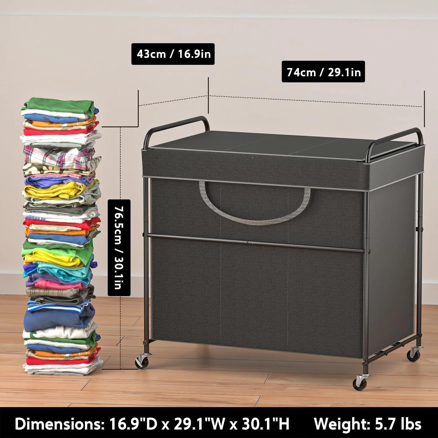 180L Large Laundry Hamper, 3 Compartment Laundry Basket with Lid, Removable Bag & Metal Structure with Industrial Wheels, Suitable for Bathroom, Dorm Room, Laundry Room (Grey, 180L)