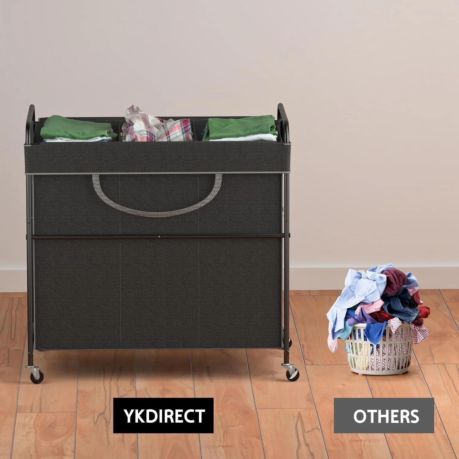 180L Large Laundry Hamper, 3 Compartment Laundry Basket with Lid, Removable Bag & Metal Structure with Industrial Wheels, Suitable for Bathroom, Dorm Room, Laundry Room (Grey, 180L)