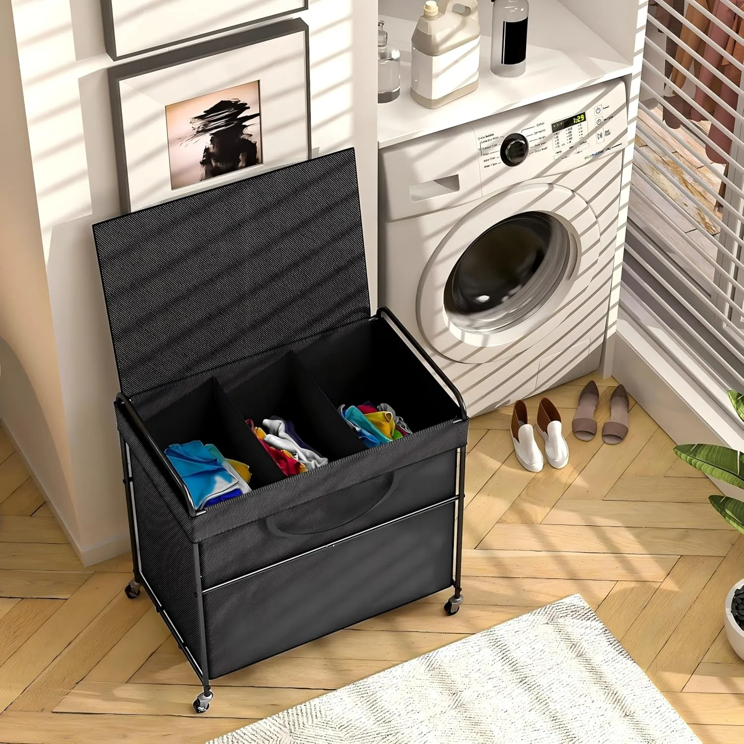 180L Large Laundry Hamper, 3 Compartment Laundry Basket with Lid, Removable Bag & Metal Structure with Industrial Wheels, Suitable for Bathroom, Dorm Room, Laundry Room (Grey, 180L)