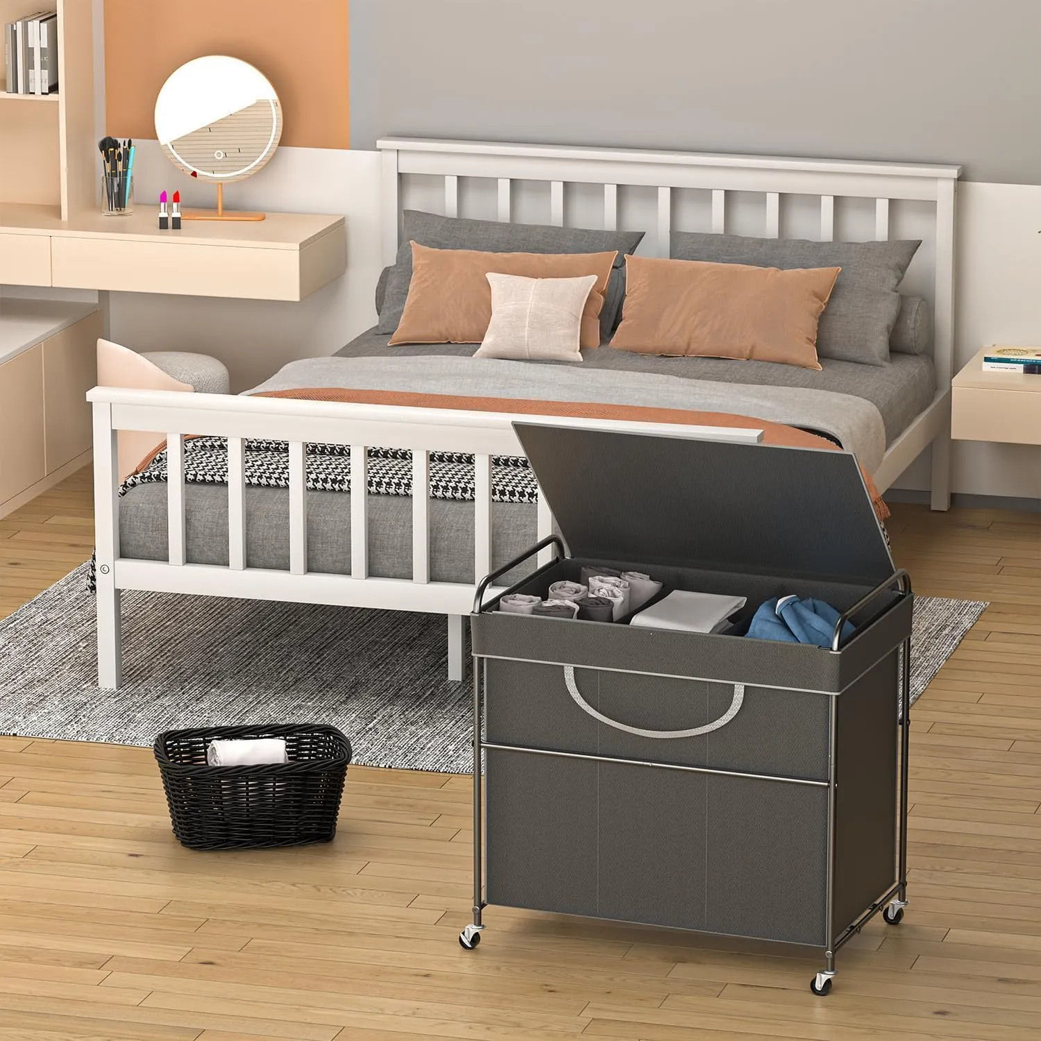 180L Large Laundry Hamper, 3 Compartment Laundry Basket with Lid, Removable Bag & Metal Structure with Industrial Wheels, Suitable for Bathroom, Dorm Room, Laundry Room (Grey, 180L)