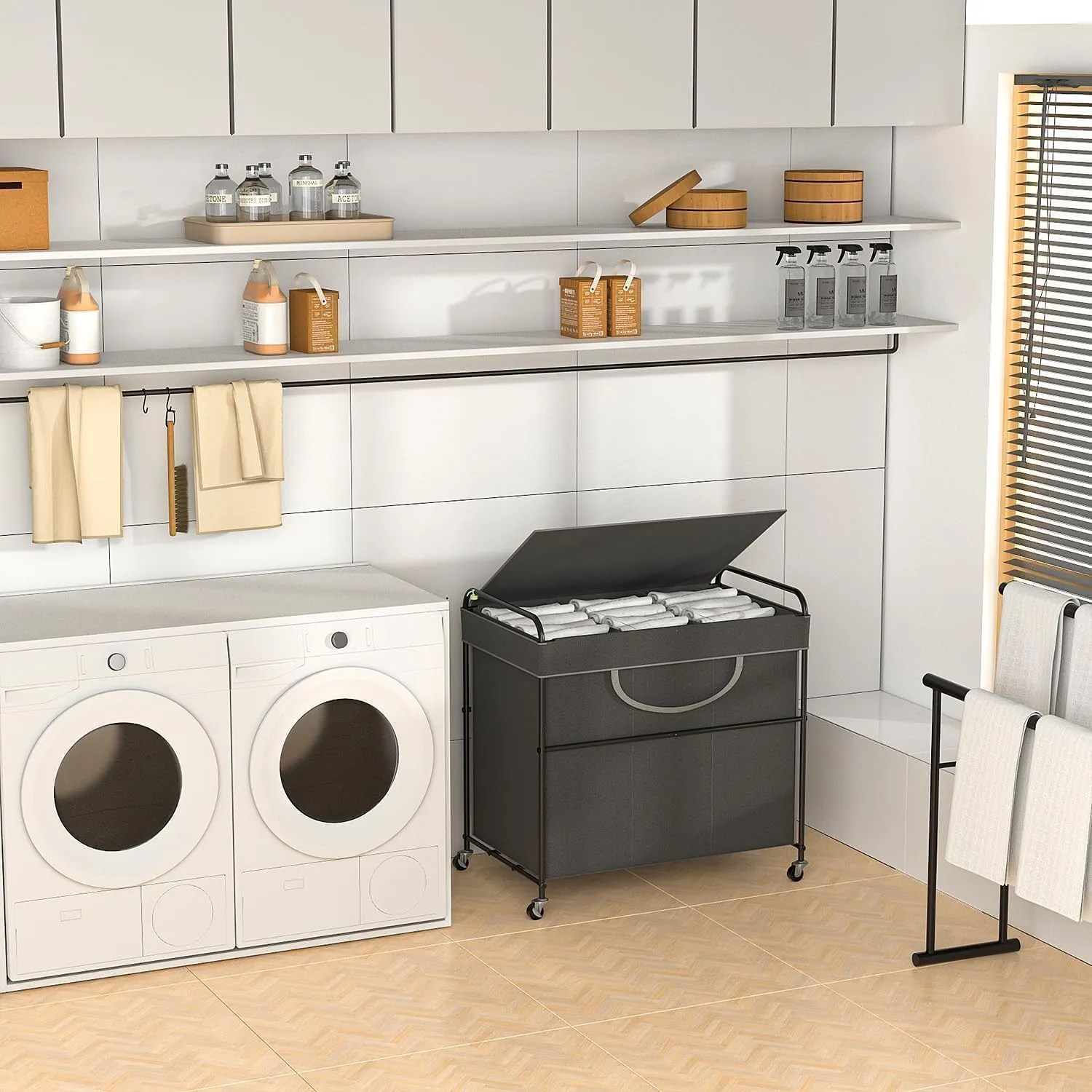 180L Large Laundry Hamper, 3 Compartment Laundry Basket with Lid, Removable Bag & Metal Structure with Industrial Wheels, Suitable for Bathroom, Dorm Room, Laundry Room (Grey, 180L)