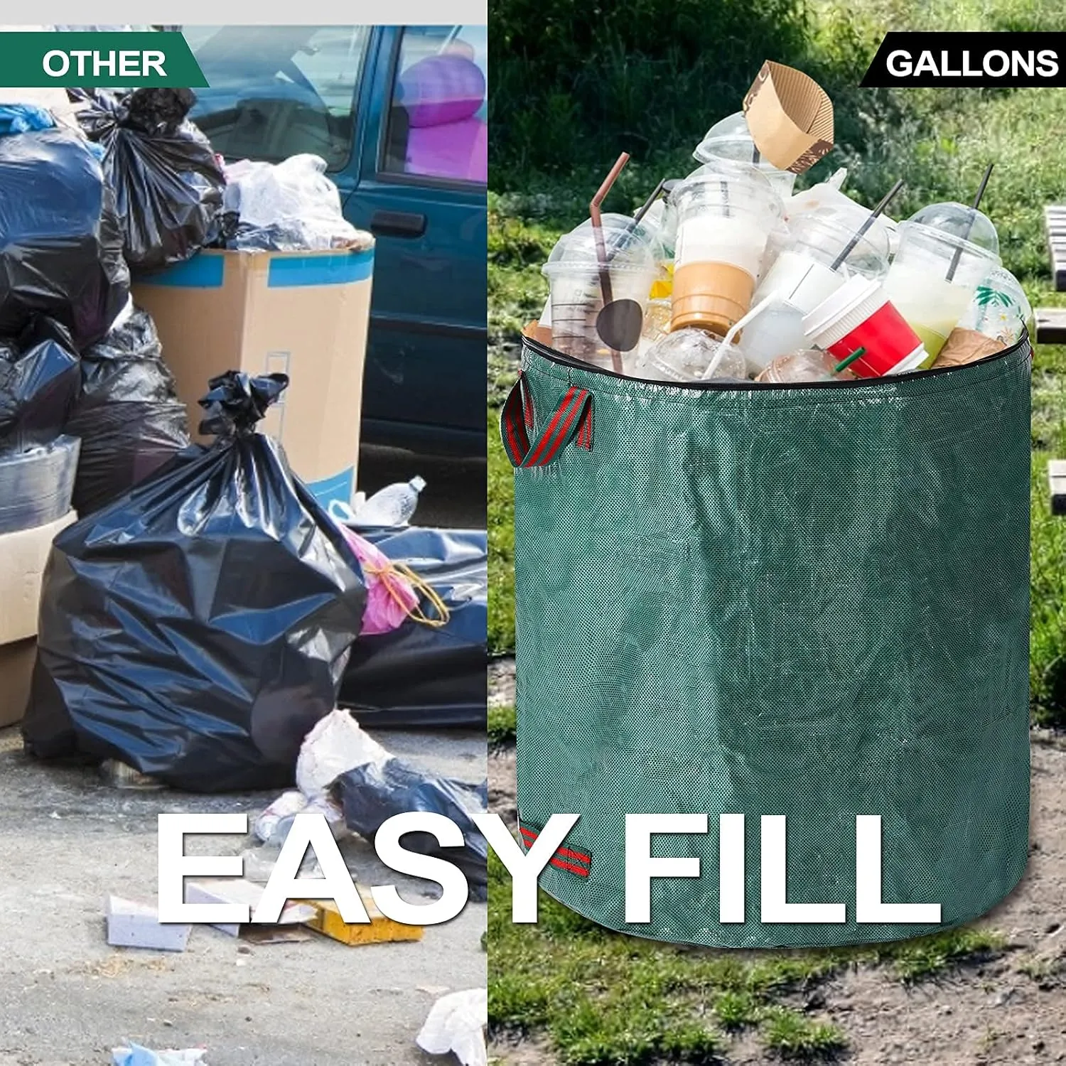 2 Pack 72 Gallons Reusable Garden Waste Bags with Lid Lawn and Leaf Bags Heavy duty Reinforced 4 Handles Yard Waste Bags Container for Clean Up Outdoor Debris Leaves Grass Clippings