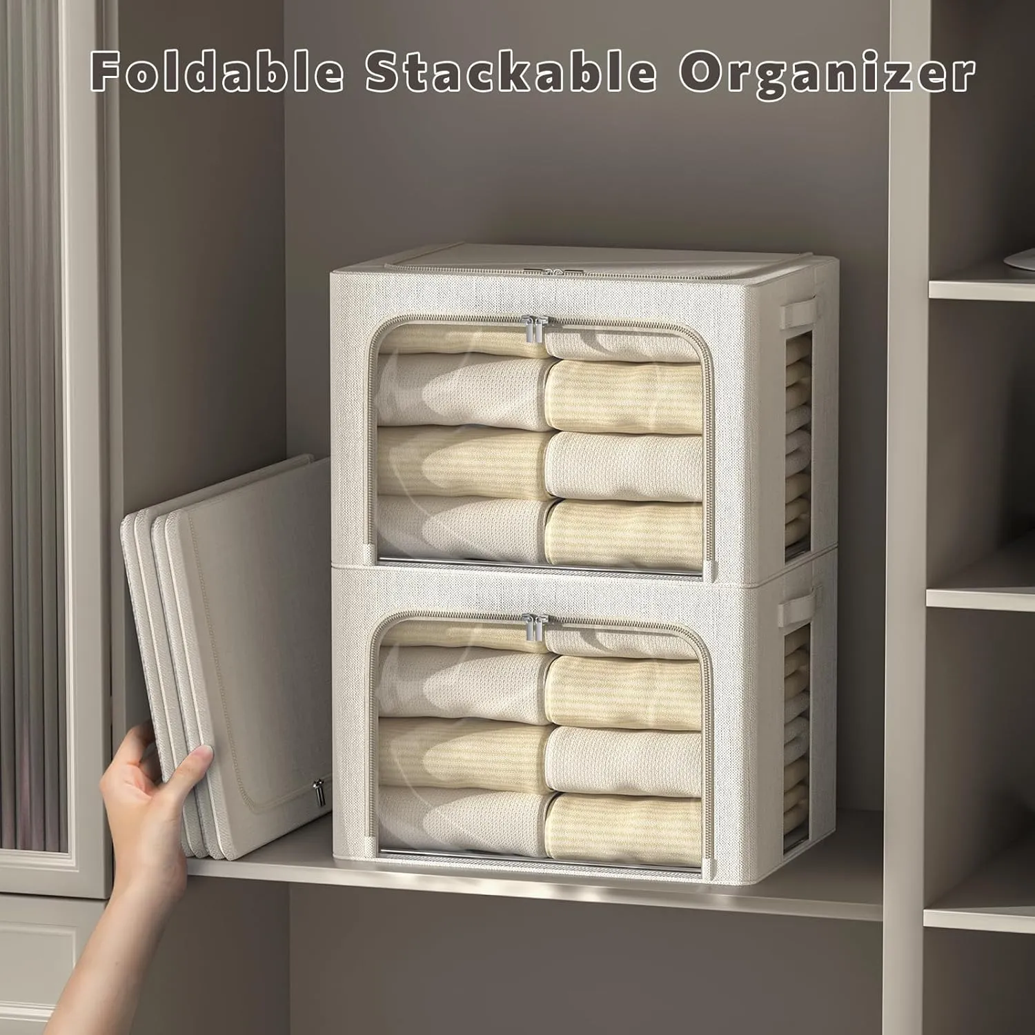 2 Pack Clear Window Storage Bins Large Stackable Linen Fabric Storage for Clothes Foldable Container Organizer Set with Carrying Handles (Lvory White, 15.7x 11.8x 7.8Inch)