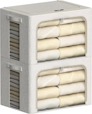 2 Pack Clear Window Storage Bins Large Stackable Linen Fabric Storage for Clothes Foldable Container Organizer Set with Carrying Handles (Lvory White, 15.7x 11.8x 7.8Inch)