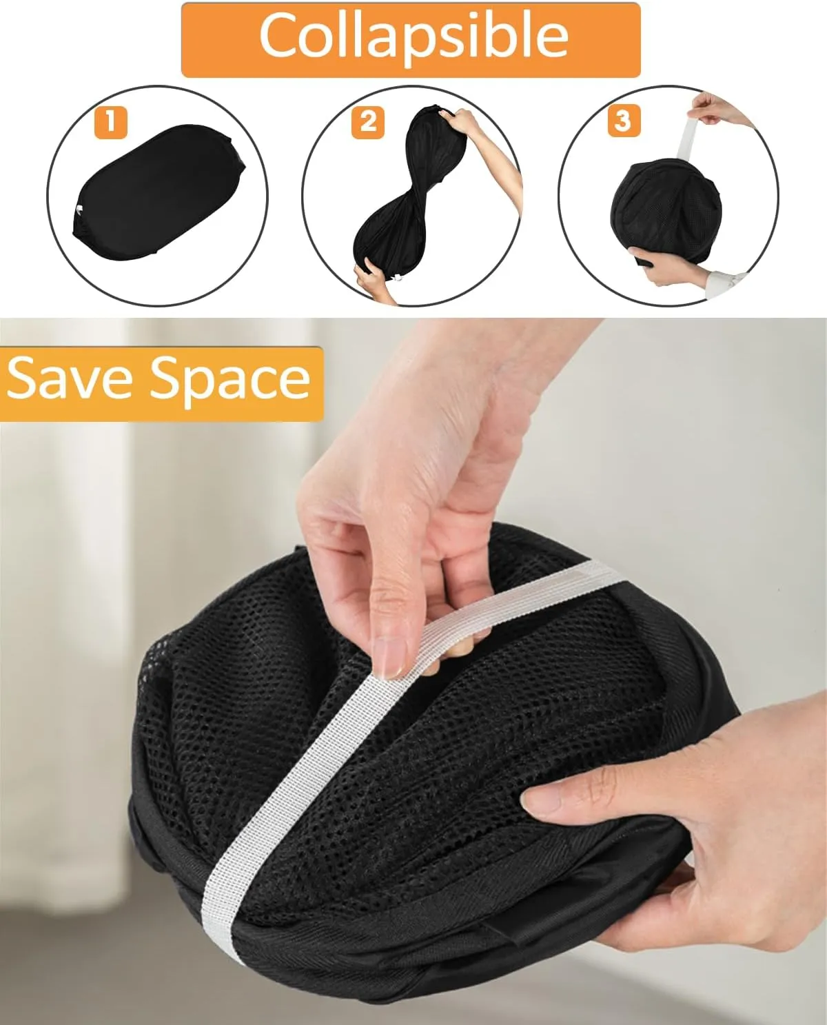 2 Pack Durable Collapsible Laundry Baskets - Reinforced Mesh Pop Up Laundry Hamper with Pocket, Foldable Dirty Clothes Hamper with Carry Handles for Laundry, Bathroom, Kids Room, Dorm or Travel Black