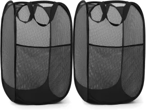 2 Pack Durable Collapsible Laundry Baskets - Reinforced Mesh Pop Up Laundry Hamper with Pocket, Foldable Dirty Clothes Hamper with Carry Handles for Laundry, Bathroom, Kids Room, Dorm or Travel Black