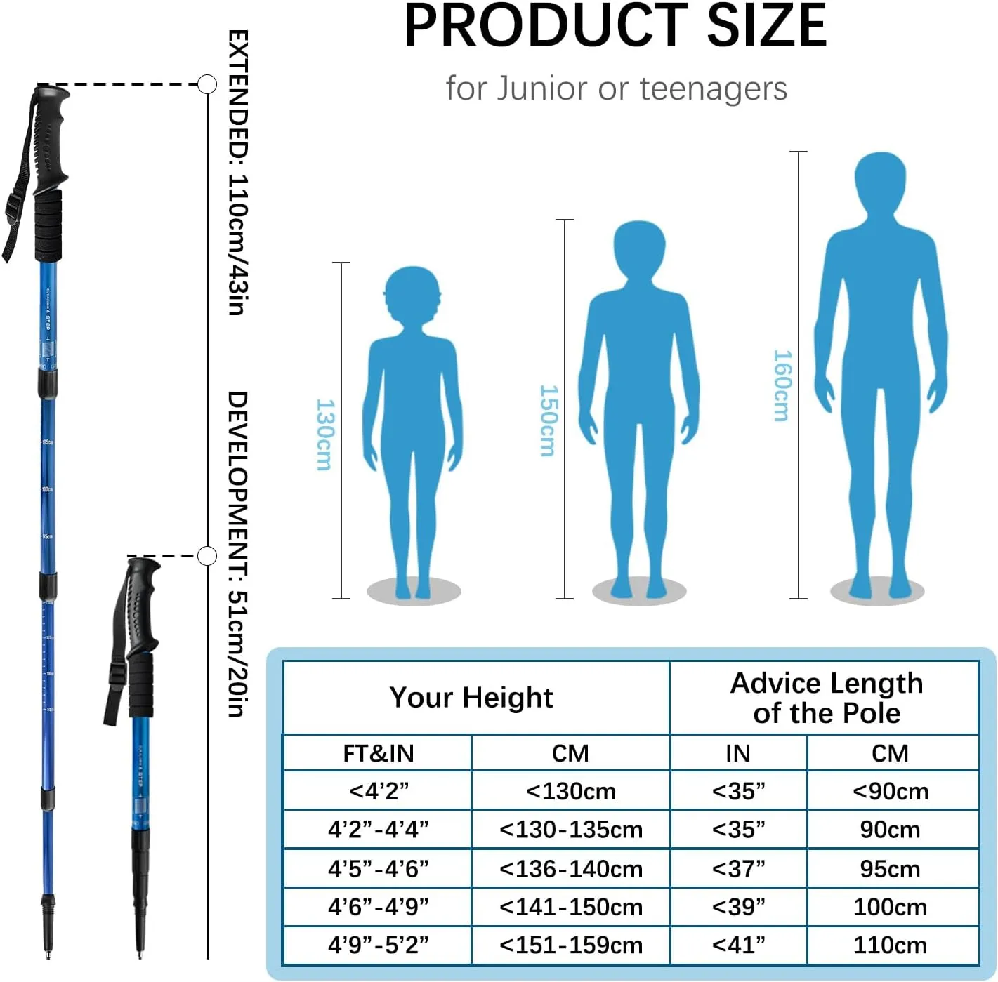 2 Pack Hiking Poles for Junior, Nordic Walking Trekking Pole Hiking Sticks Lightweight Collapsible & Shock-Absorbent Aluminum with Quick Adjustable Locks for Youth & Women