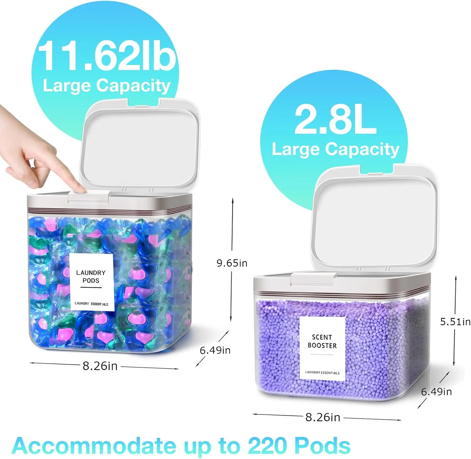 2 Pack Laundry Pods Container for Laundry Room Organization, Laundry Pod Up Holder with 30 Labels and Scoops, Laundry Detergent Powder Container, Dryer Sheet Holder