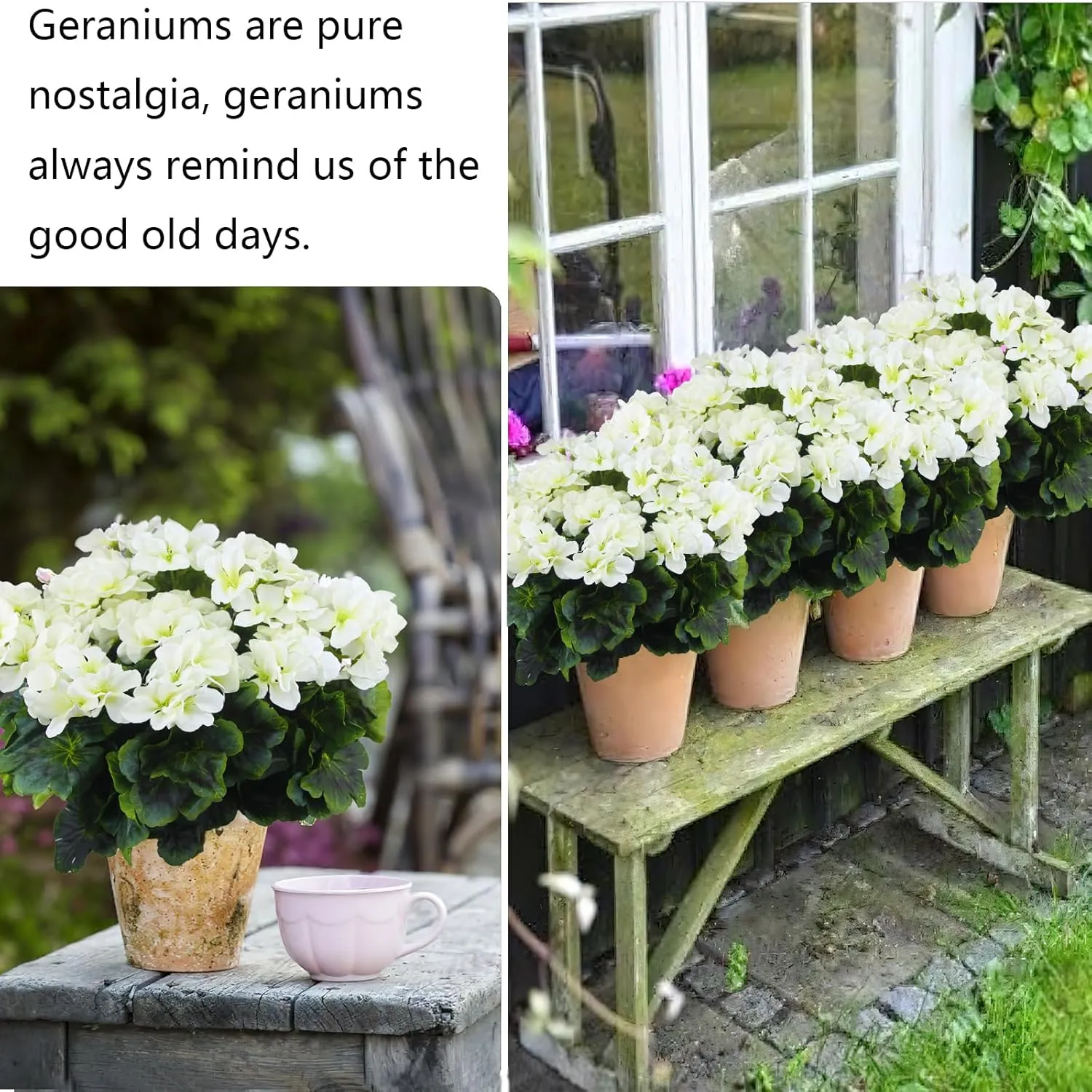2 Pcs Artificial Geraniums for Outdoor Silk Geranium Flowers White Artificial Geranium Bush Faux Flowers Geraniums Branch for Garden Patio Grave Cemetary Vase Table Centerpiece Indoor Decor