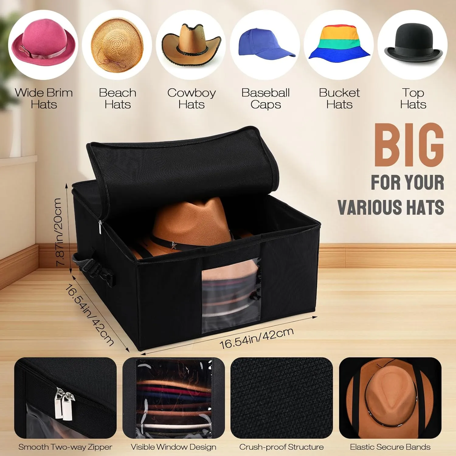 2 Pcs Hat Storage Box Upgrade Stackable Organizer with Lids Cowboy Hat Box Large Square Bag Foldable Closet Sheet Organizer Travel Container for Men Women(Black)