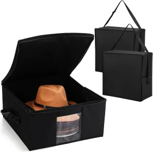 2 Pcs Hat Storage Box Upgrade Stackable Organizer with Lids Cowboy Hat Box Large Square Bag Foldable Closet Sheet Organizer Travel Container for Men Women(Black)