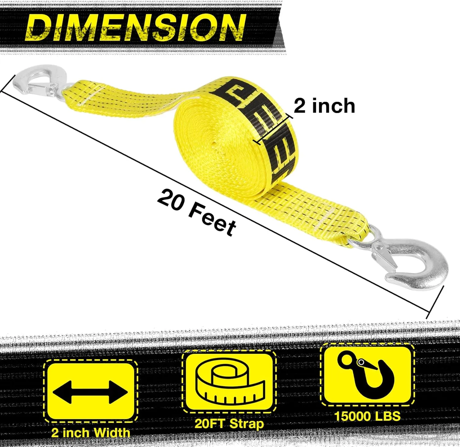 2 PCS Heavy Duty Tow Strap with Hooks, 2" x 20ft Recovery Tow Strap with Hooks 15000 lbs Tree Saver Strap Nylon Towing Rope for ATV, Trucks, Car, Vehicles, Roadside Emergency