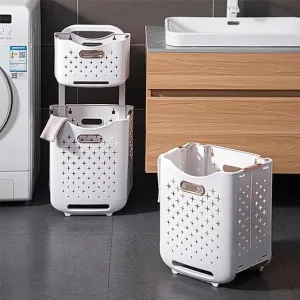 2 Tier Laundry Baskets With Wheels - Movable, Foldable Laundry Sorter Bucket