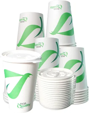 20 oz Compostable Paper Cups with White Flat Lids - Biodegradable Disposable White Paper Coffee Cups PLA Lined - Eco-friendly Hot and Cold Drinking Cups (50)