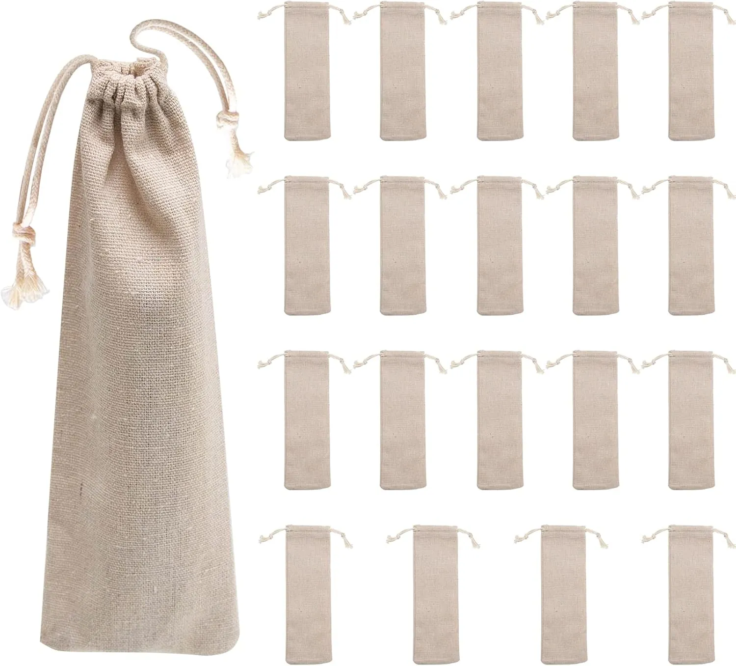 20 Pcs Straw Carrying Case Bag, Portable Travel Cutlery Organizer, Safe Reusable Knife and Fork Pouch, Cotton Linen Storage Bag