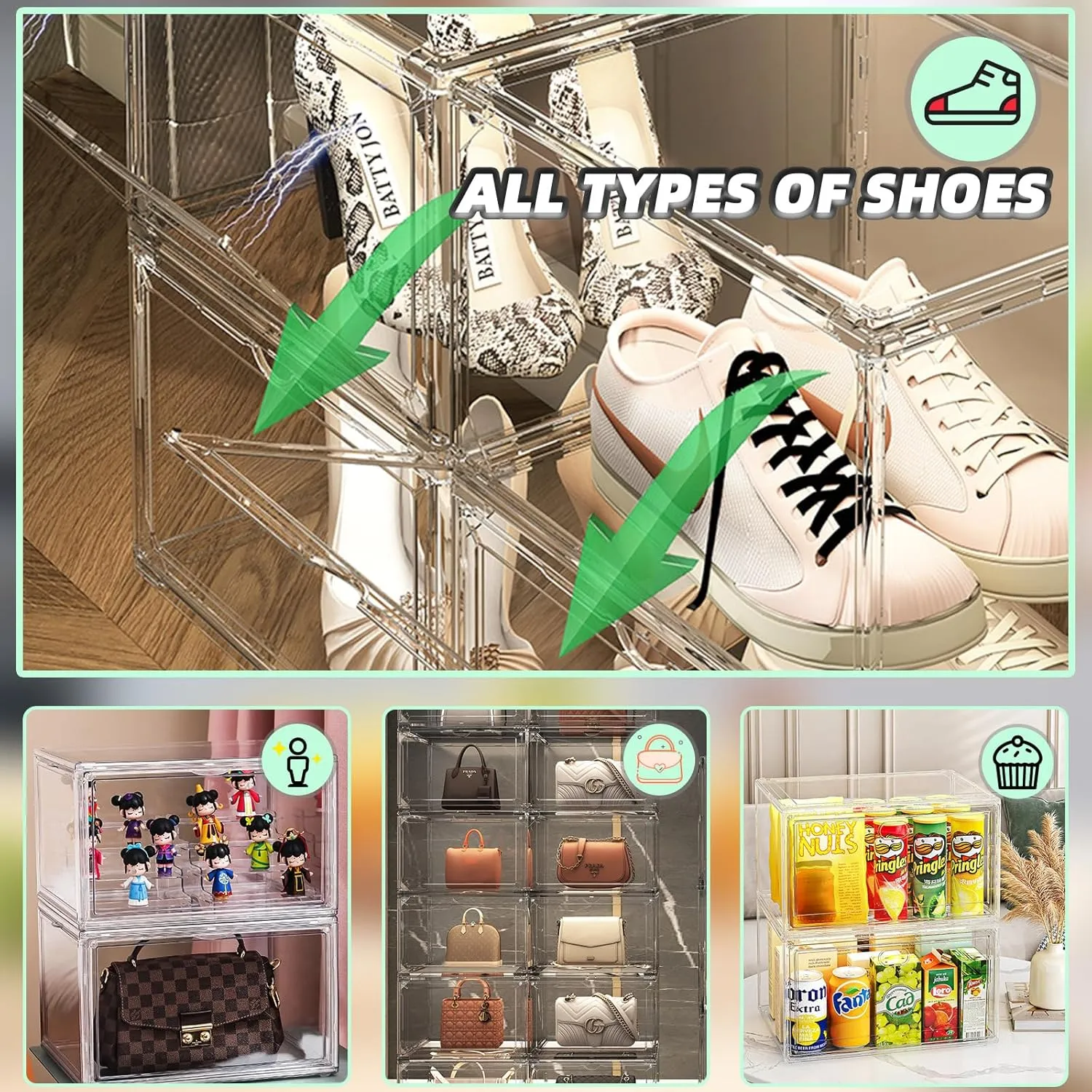 2024 New 6-piece ABS Double Magnetic Door Shoe Cabinet, 360 Degree Panorama High-definition Transparent Shoe Box, Used For Storing Sports Shoes, High Heels, Boots, Toys, Etc, Shoe Organizer Size 14