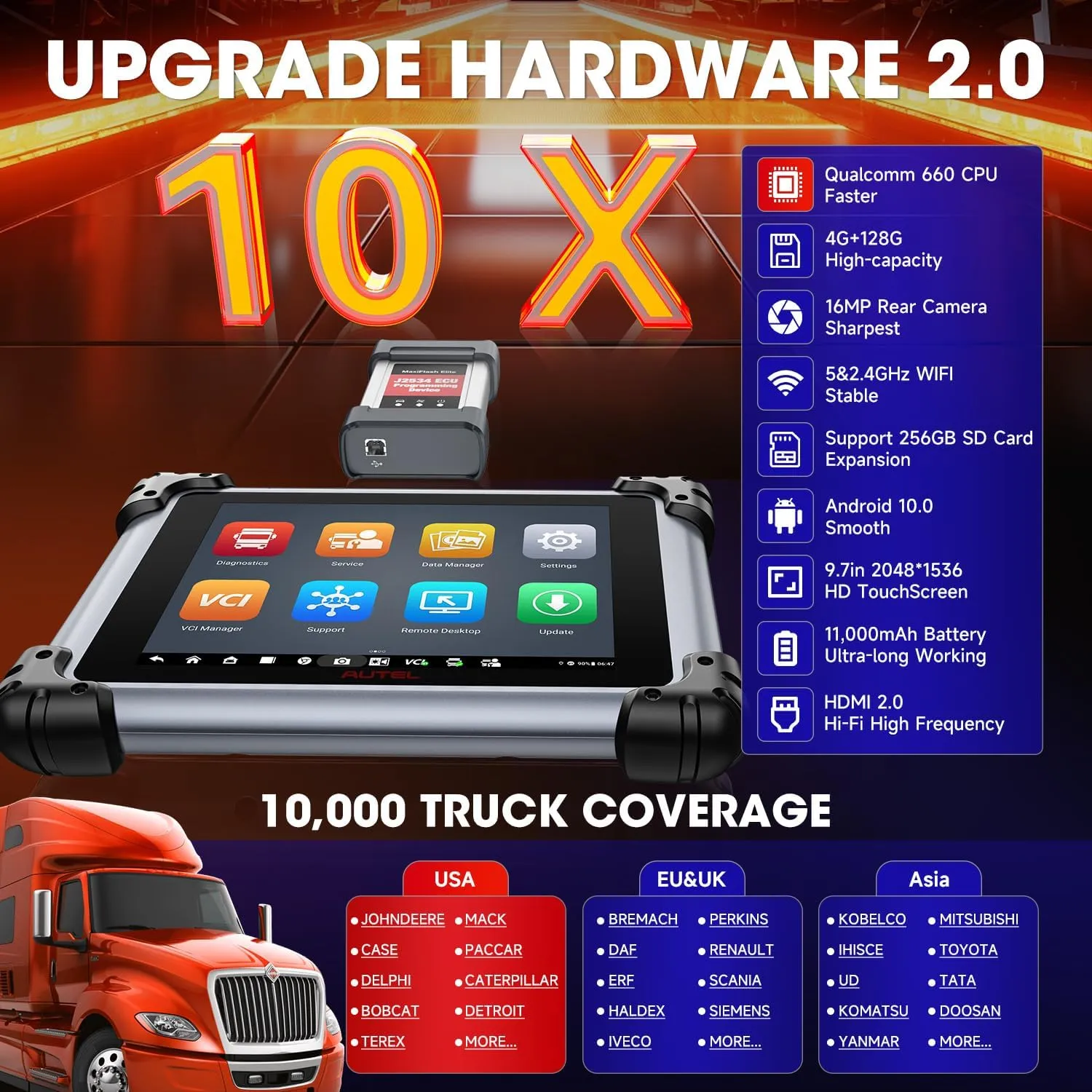 2025 Autel MaxiSYS CV MS908CV II Heavy Duty Truck Scanner, Same as MS909CV Up of MS908CV, J2534 Programmer, Coding, Semi Truck Full System Diagnostic Tool, Bidirectional Diesel Scan Tool w/ 64  Resets