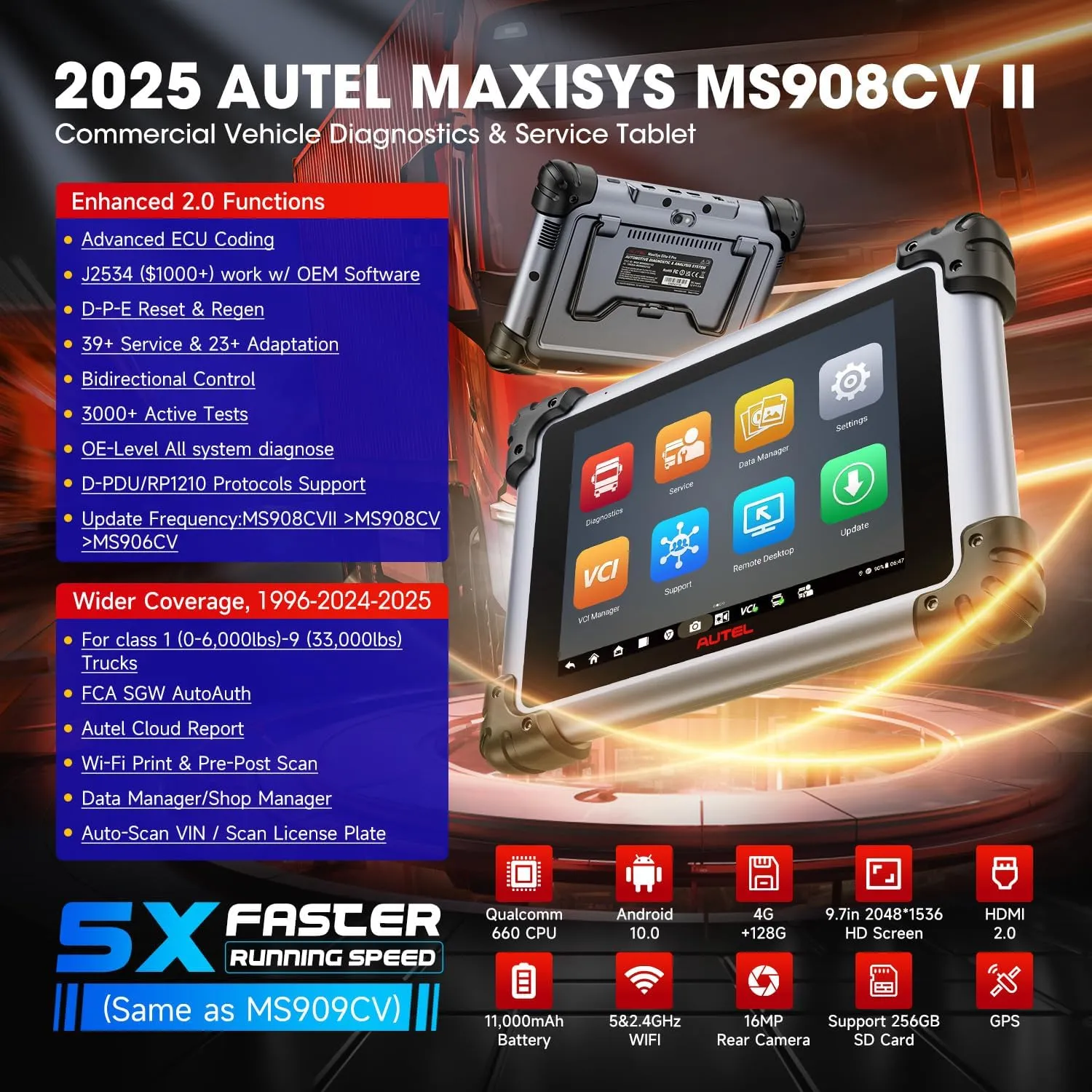 2025 Autel MaxiSYS CV MS908CV II Heavy Duty Truck Scanner, Same as MS909CV Up of MS908CV, J2534 Programmer, Coding, Semi Truck Full System Diagnostic Tool, Bidirectional Diesel Scan Tool w/ 64  Resets