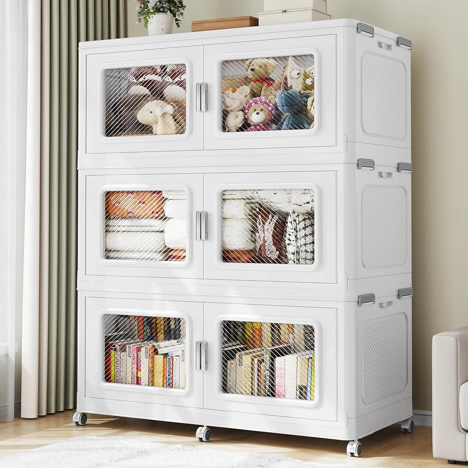 225Gal Extra Large Storage Bins with Lid, 900Qt Plastic Stackable Storage Bins with Wheels, Collapsible Closet Organizer and Storage Drawers, Storage Cabinets for Home, Office, 3 Pack, White