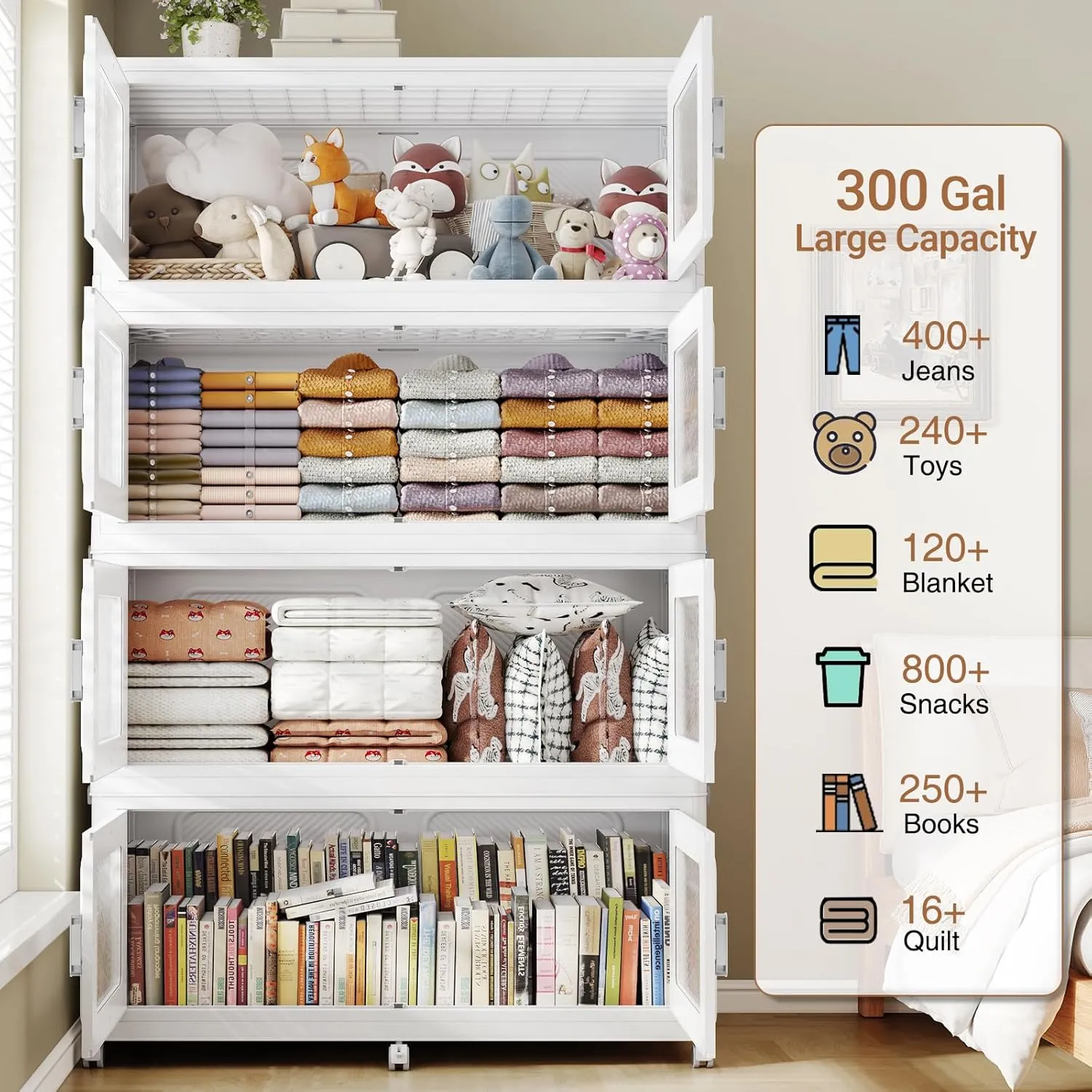 225Gal Extra Large Storage Bins with Lid, 900Qt Plastic Stackable Storage Bins with Wheels, Collapsible Closet Organizer and Storage Drawers, Storage Cabinets for Home, Office, 3 Pack, White