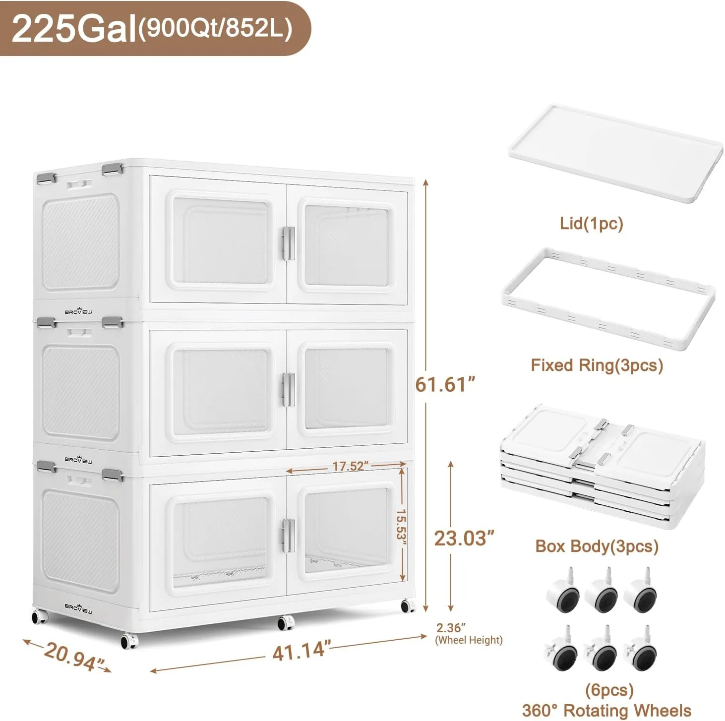 225Gal Extra Large Storage Bins with Lid, 900Qt Plastic Stackable Storage Bins with Wheels, Collapsible Closet Organizer and Storage Drawers, Storage Cabinets for Home, Office, 3 Pack, White