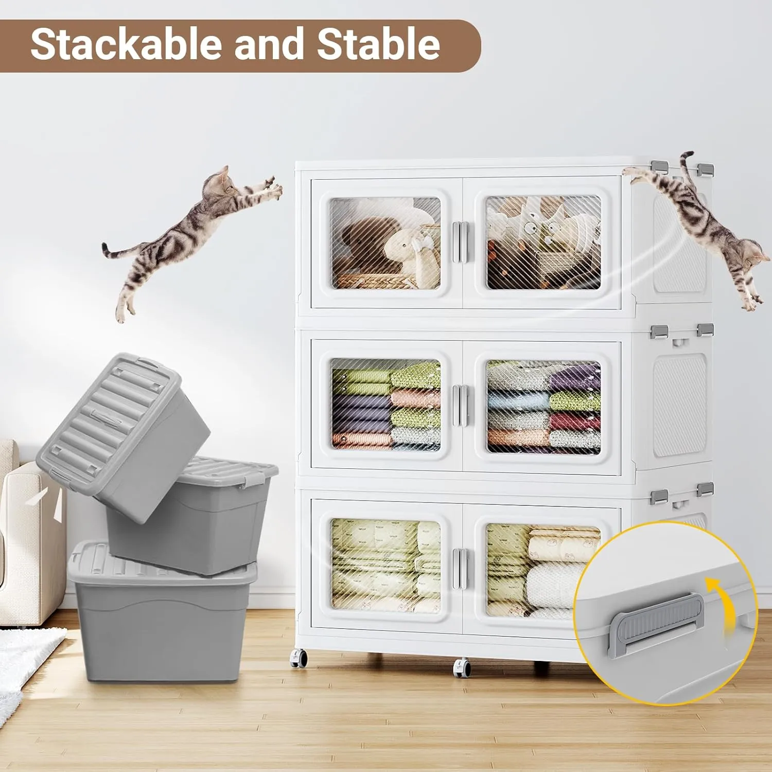 225Gal Extra Large Storage Bins with Lid, 900Qt Plastic Stackable Storage Bins with Wheels, Collapsible Closet Organizer and Storage Drawers, Storage Cabinets for Home, Office, 3 Pack, White