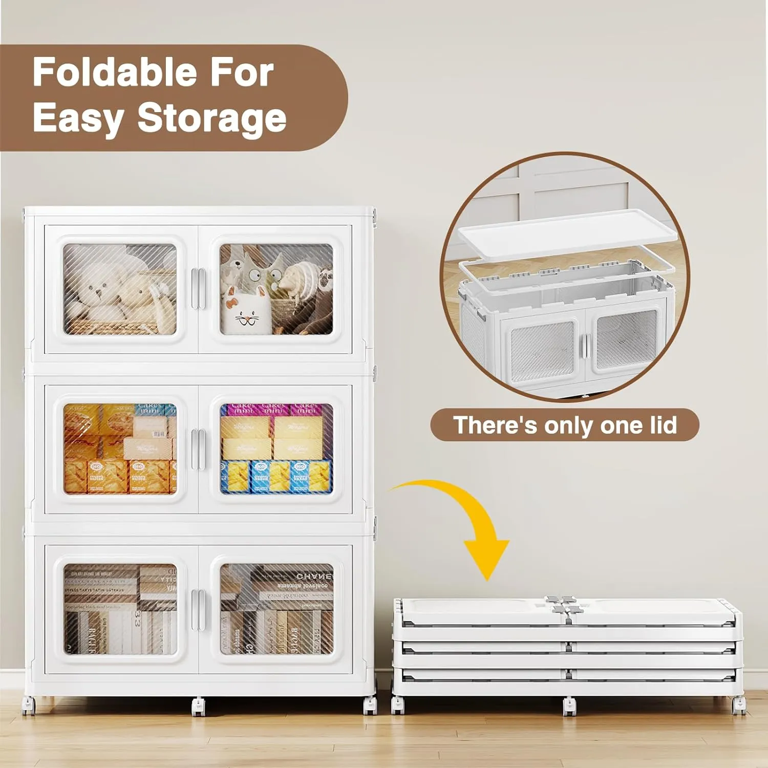 225Gal Extra Large Storage Bins with Lid, 900Qt Plastic Stackable Storage Bins with Wheels, Collapsible Closet Organizer and Storage Drawers, Storage Cabinets for Home, Office, 3 Pack, White