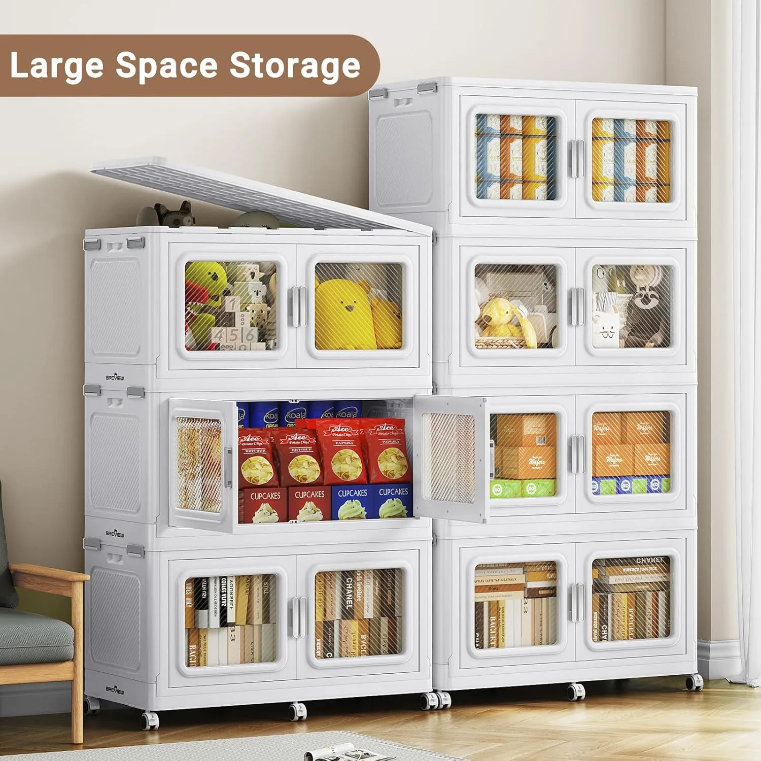 225Gal Extra Large Storage Bins with Lid, 900Qt Plastic Stackable Storage Bins with Wheels, Collapsible Closet Organizer and Storage Drawers, Storage Cabinets for Home, Office, 3 Pack, White