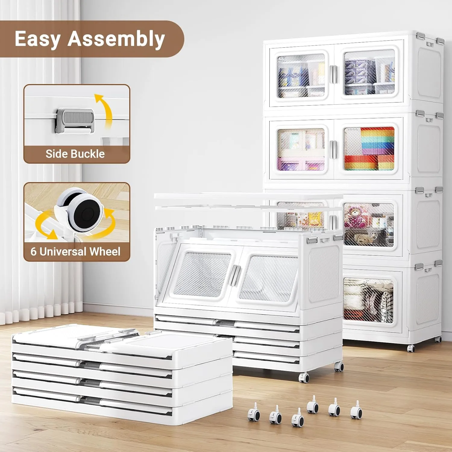 225Gal Extra Large Storage Bins with Lid, 900Qt Plastic Stackable Storage Bins with Wheels, Collapsible Closet Organizer and Storage Drawers, Storage Cabinets for Home, Office, 3 Pack, White