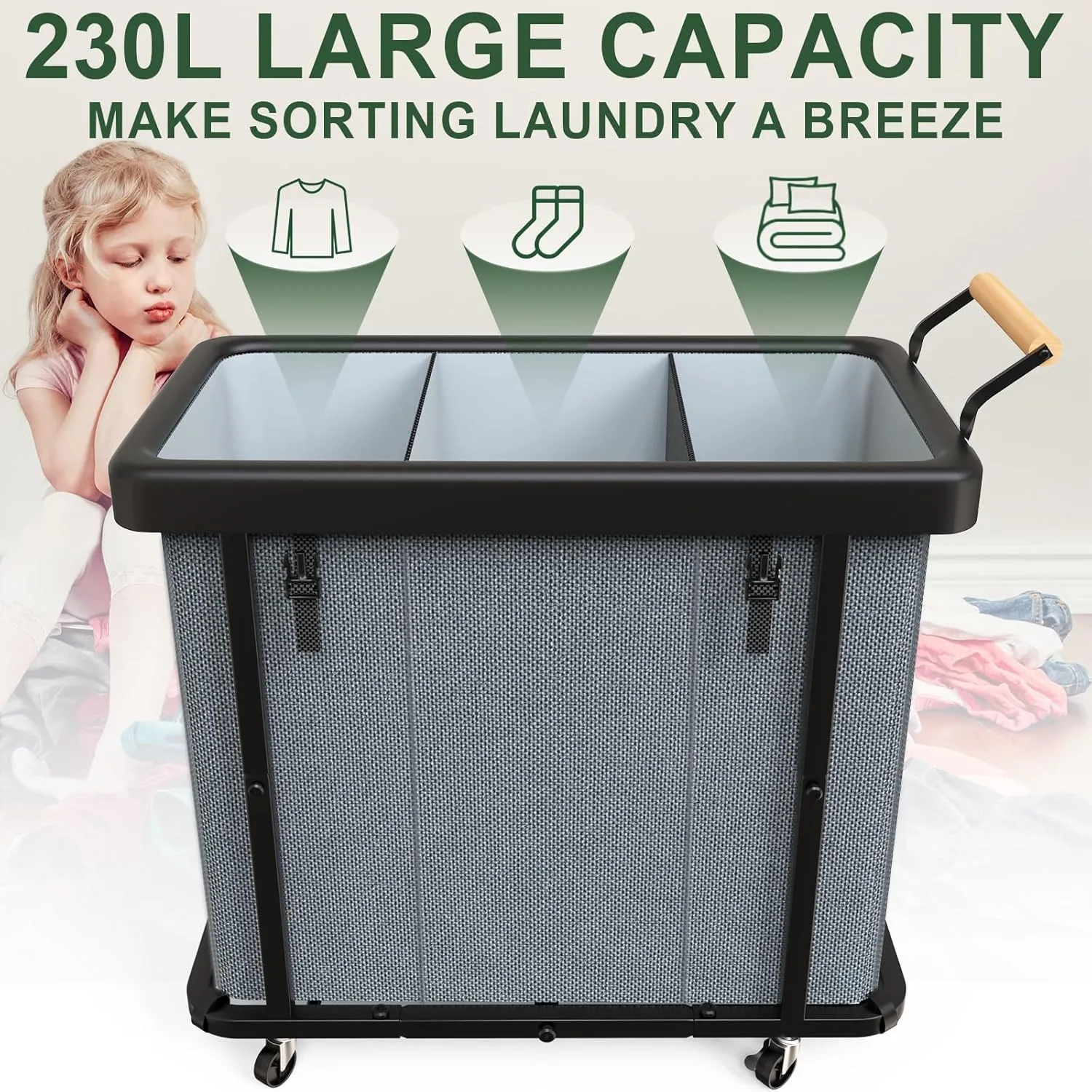 230L (60 Gal) Extra Large Fashion Laundry Sorter 3 Section with Lid, Rolling Laundry Basket Hamper with Handle, Laundry Organizer Storage Cart with Sturdy Metal Frame for Laundry Room, Hotel, Grey