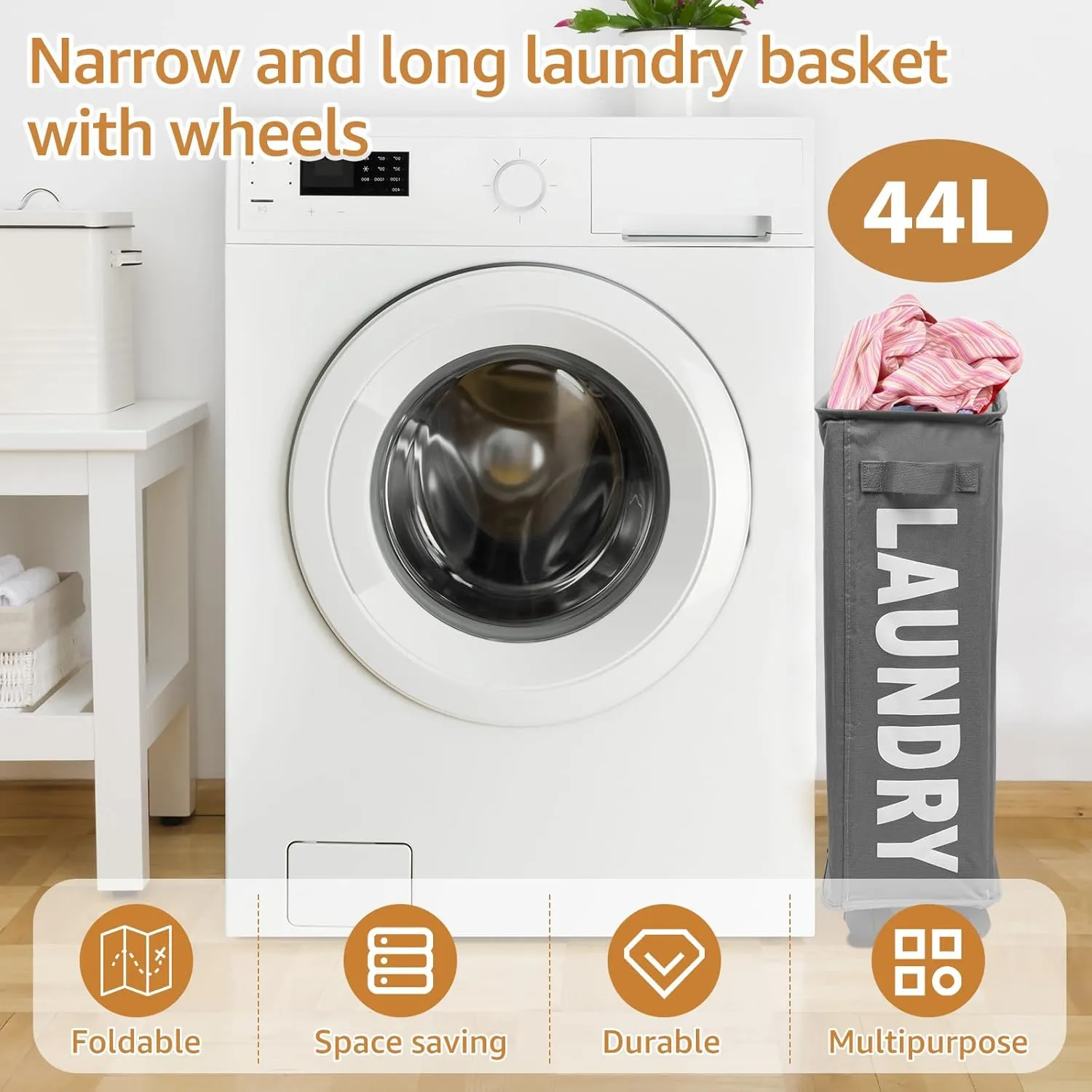 23inch Slim Laundry Basket 44L Rolling Laundry Hamper on Wheels Collapsible Clothes Hamper with Handle Freestanding Laundry Bin Narrow Laundry Bag Yoga Mat Storage Racks for Clothes Toys Yo