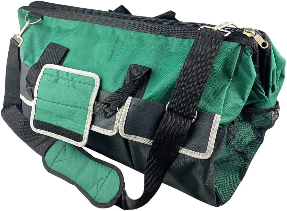 24" Heavy Duty Tool Bag with Pockets and Straps, Green and Black