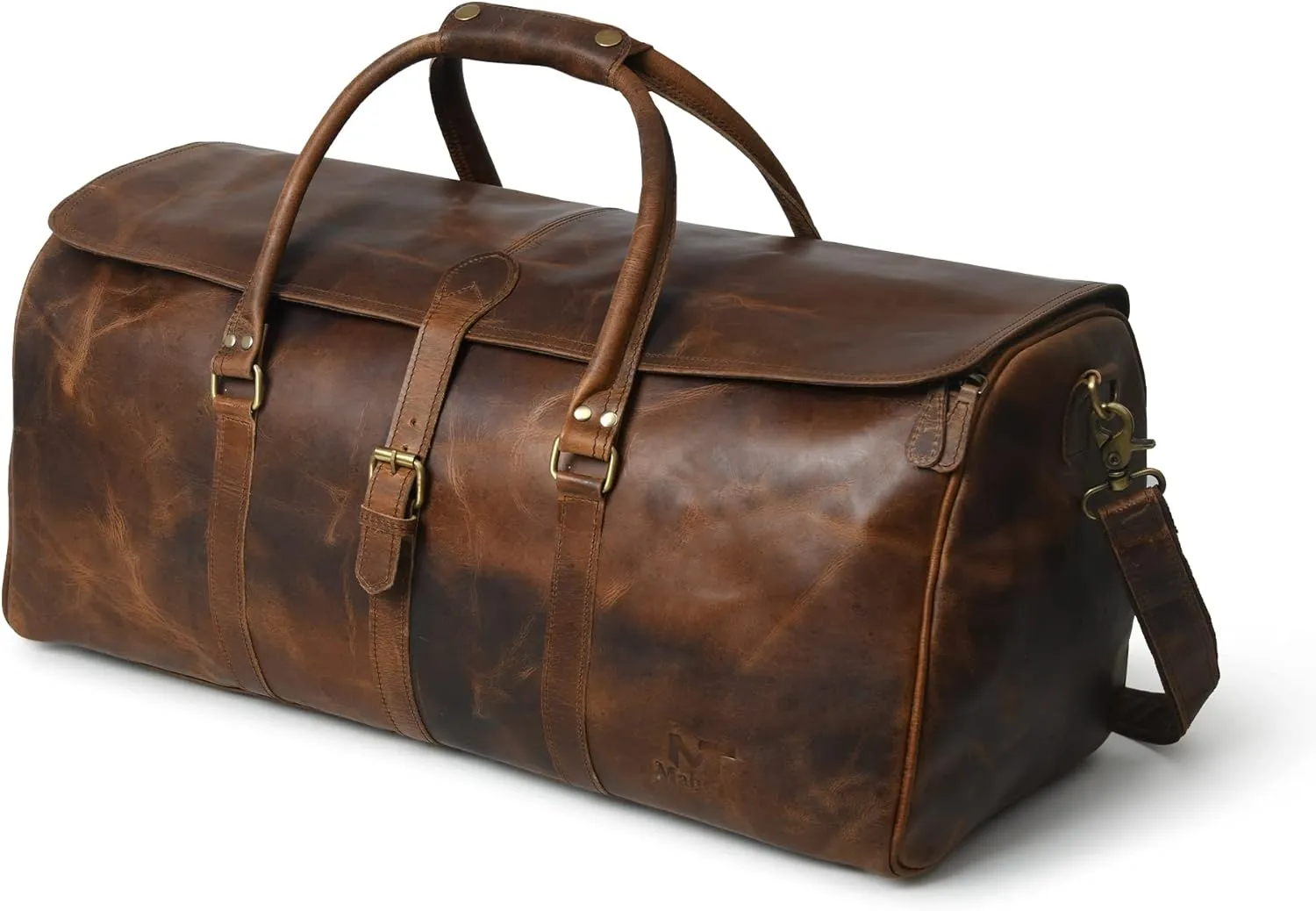 24" Vintage Full Grain Leather Duffel Weekender Travel Overnight Luggage Bag With YKK Metal Zippers & Adjustable Strap (Dark Brown)