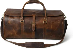 24" Vintage Full Grain Leather Duffel Weekender Travel Overnight Luggage Bag With YKK Metal Zippers & Adjustable Strap (Dark Brown)
