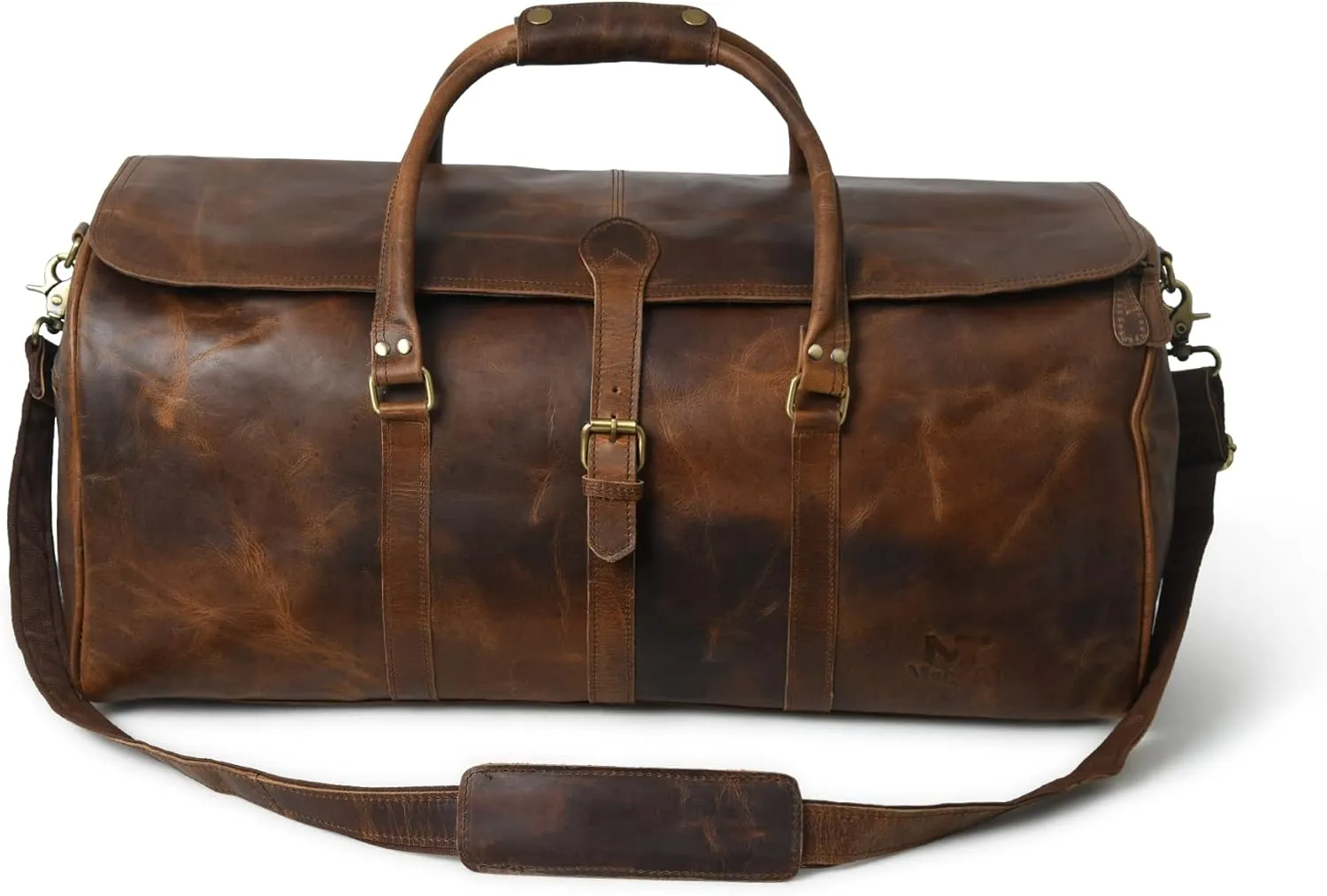 24" Vintage Full Grain Leather Duffel Weekender Travel Overnight Luggage Bag With YKK Metal Zippers & Adjustable Strap (Dark Brown)