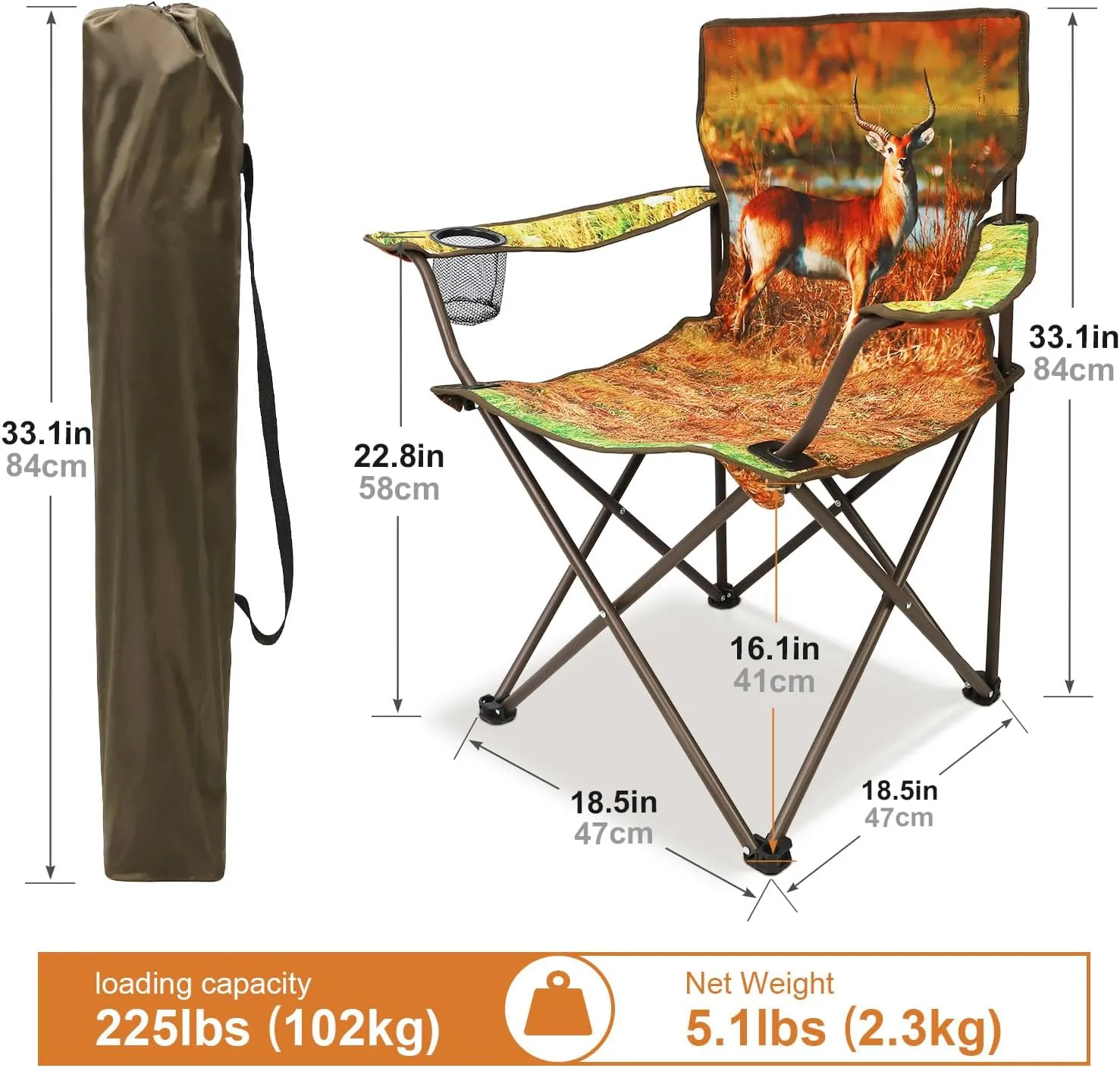 2Pack Folding Camping Chairs Portable Animal Print Collapsible Hunting Chair for Outdoor Travel, Patio, Beach, Fishing - Antelope