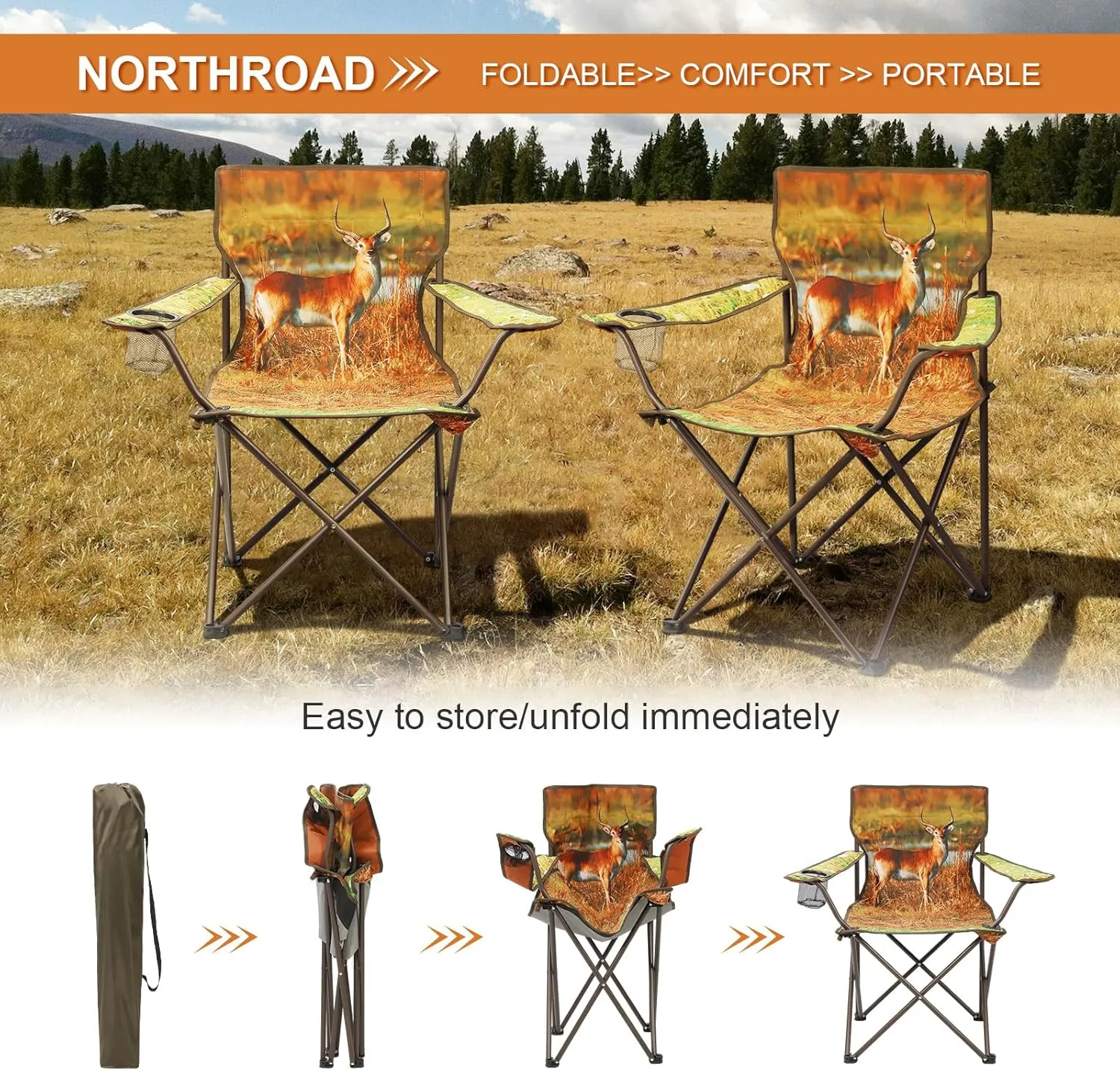 2Pack Folding Camping Chairs Portable Animal Print Collapsible Hunting Chair for Outdoor Travel, Patio, Beach, Fishing - Antelope