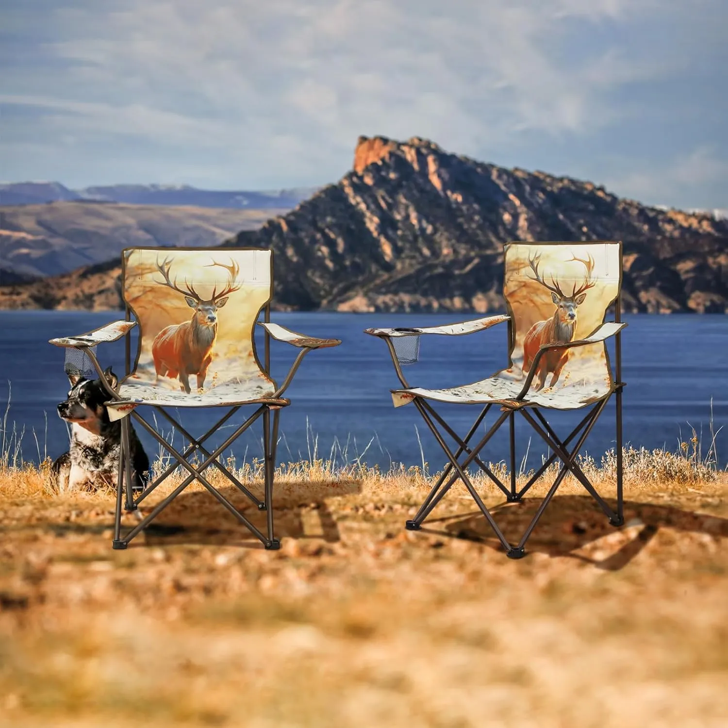 2Pack Folding Camping Chairs Portable Animal Print Collapsible Hunting Chair for Outdoor Travel, Patio, Beach, Fishing - Deer