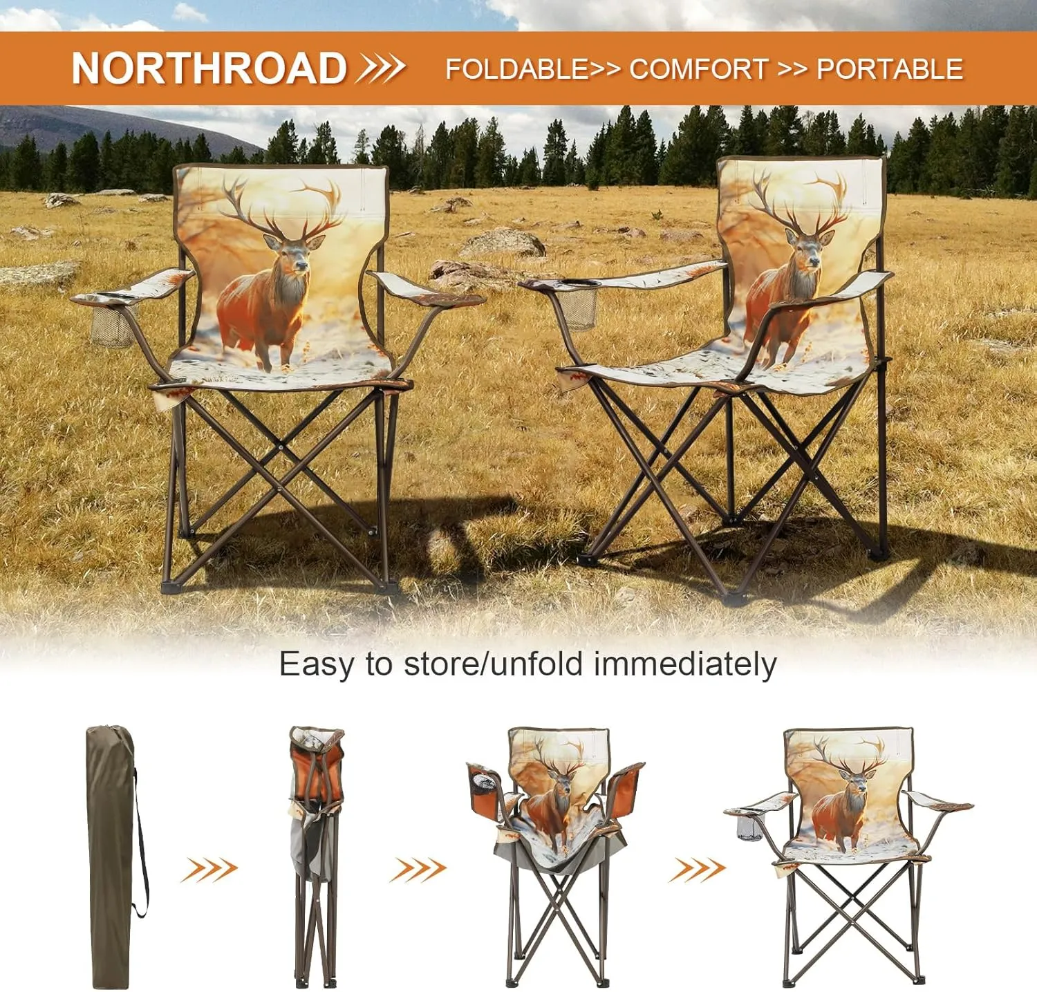 2Pack Folding Camping Chairs Portable Animal Print Collapsible Hunting Chair for Outdoor Travel, Patio, Beach, Fishing - Deer