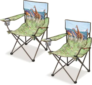 2Pack Folding Camping Chairs Portable Animal Print Collapsible Hunting Chair for Outdoor Travel, Patio, Beach, Fishing - Giraffe