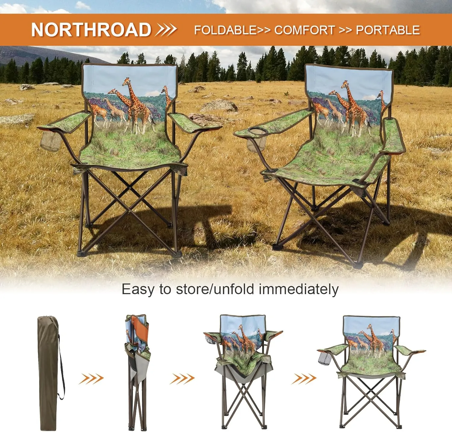 2Pack Folding Camping Chairs Portable Animal Print Collapsible Hunting Chair for Outdoor Travel, Patio, Beach, Fishing - Giraffe