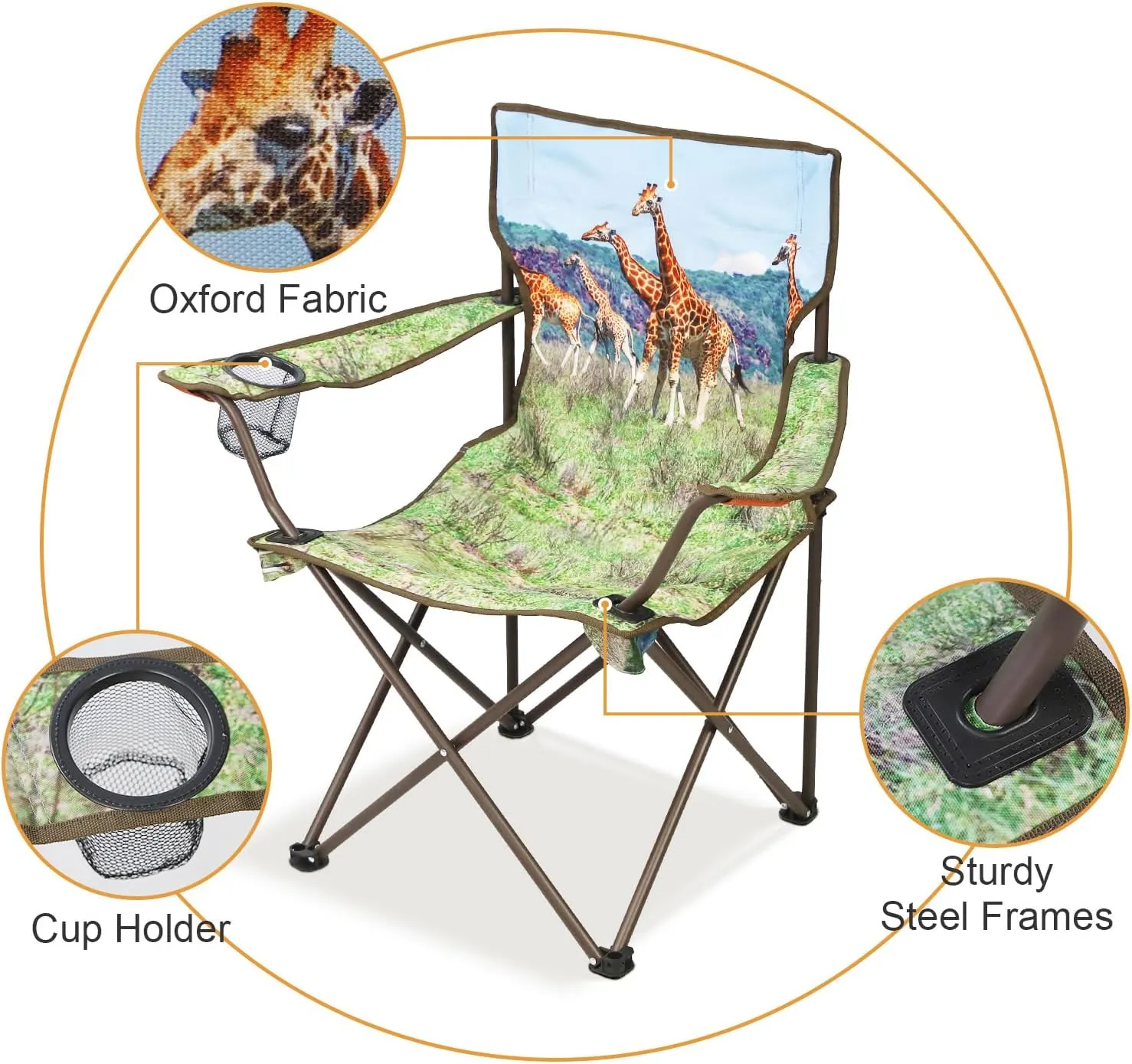 2Pack Folding Camping Chairs Portable Animal Print Collapsible Hunting Chair for Outdoor Travel, Patio, Beach, Fishing - Giraffe