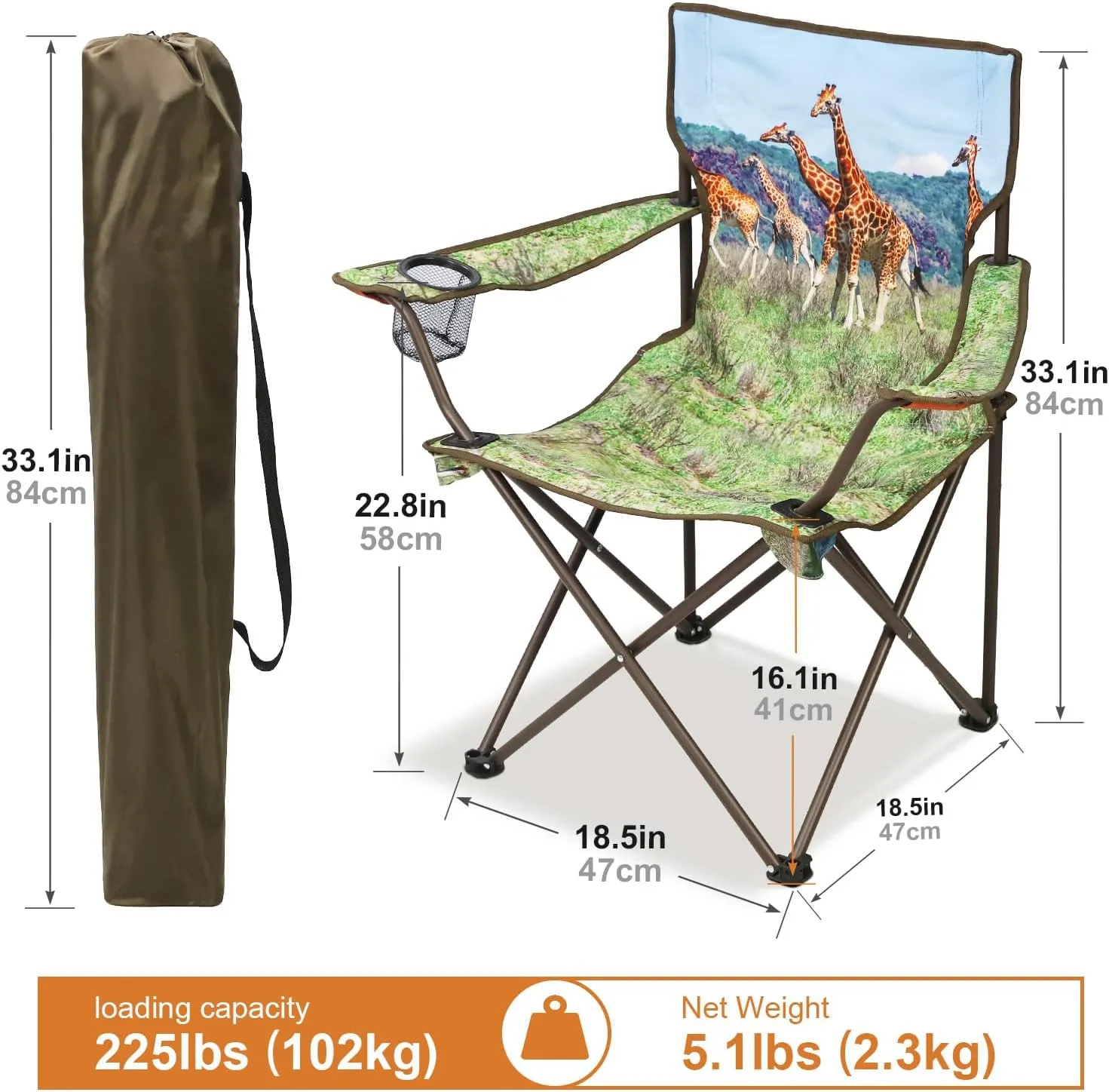 2Pack Folding Camping Chairs Portable Animal Print Collapsible Hunting Chair for Outdoor Travel, Patio, Beach, Fishing - Giraffe