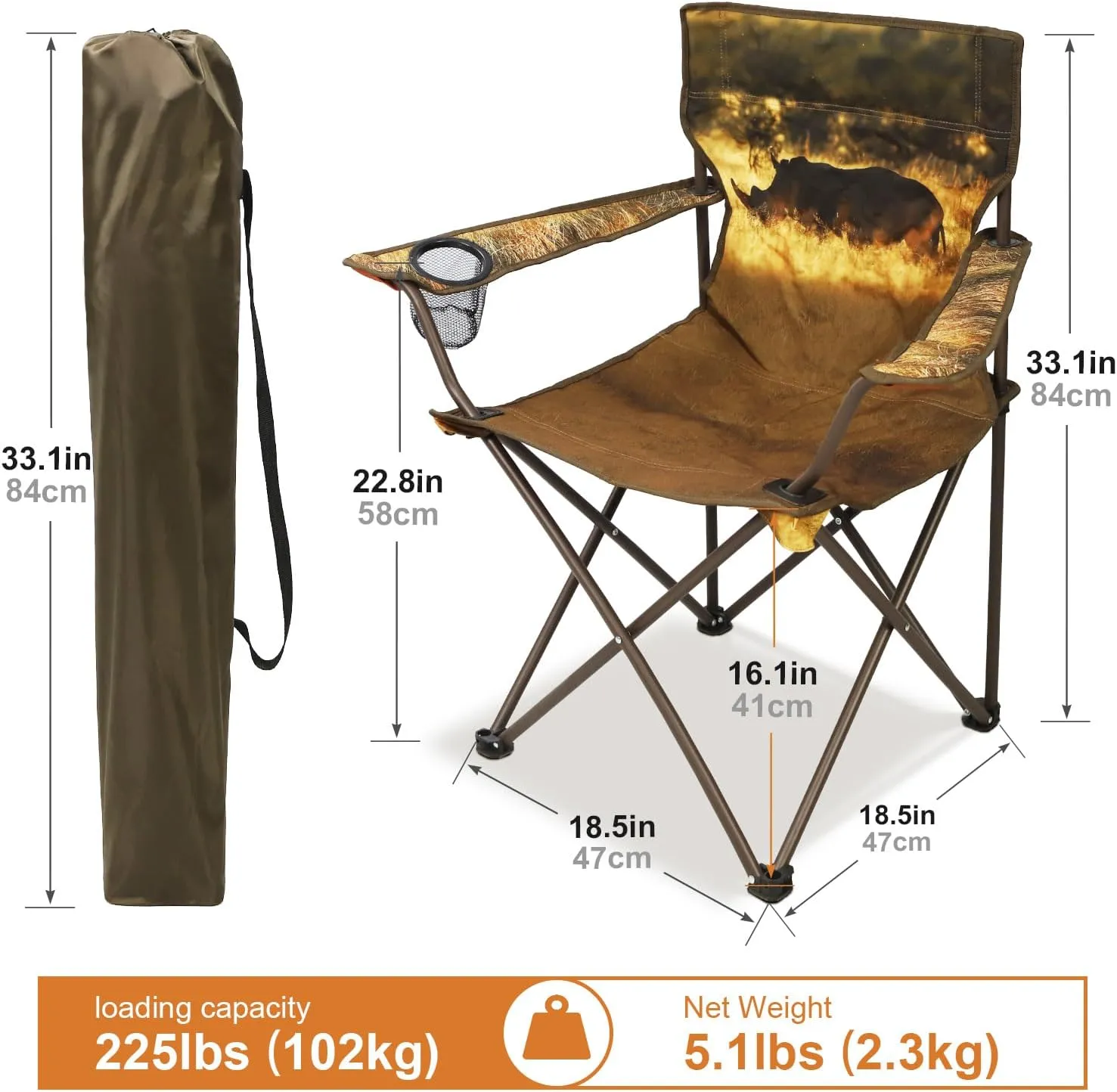 2Pack Folding Camping Chairs Portable Animal Print Collapsible Hunting Chair for Outdoor Travel, Patio, Beach, Fishing - Rhinoceros