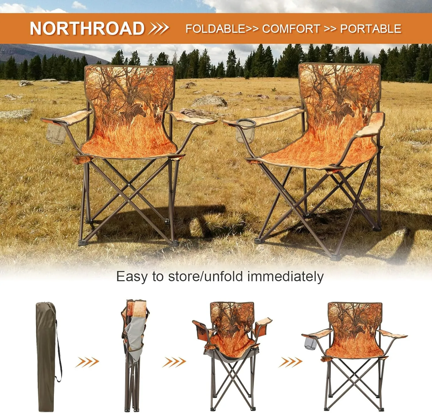2Pack Folding Camping Chairs Portable Animal Print Collapsible Hunting Chair for Outdoor Travel, Patio, Beach, Fishing - Zebra